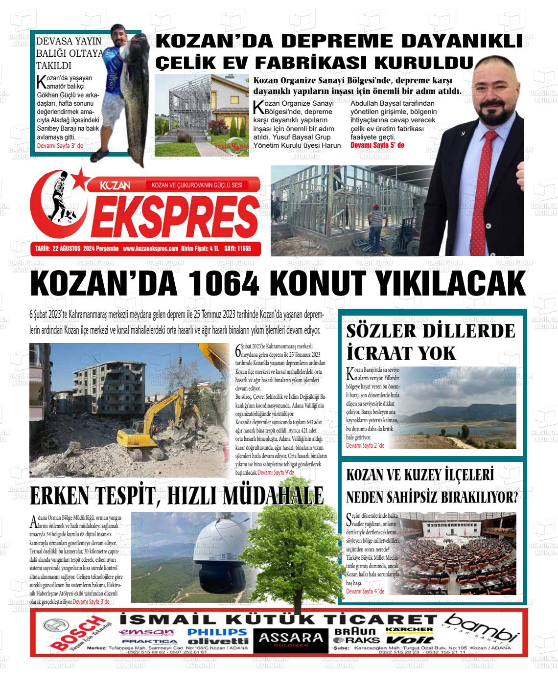 22 Ağustos 2024 Kozan Ekspres Gazete Manşeti