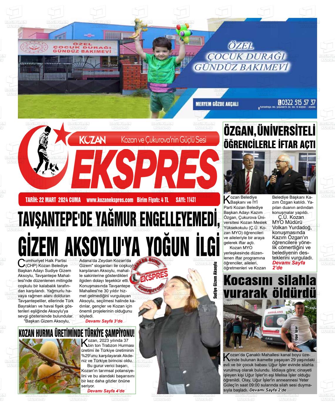 22 Mart 2024 Kozan Ekspres Gazete Manşeti