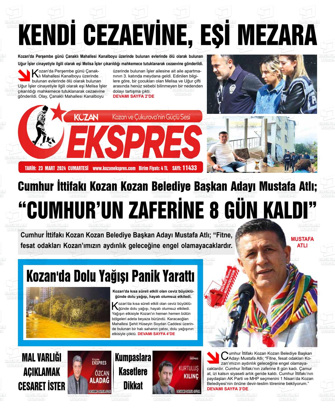 23 Mart 2024 Kozan Ekspres Gazete Manşeti