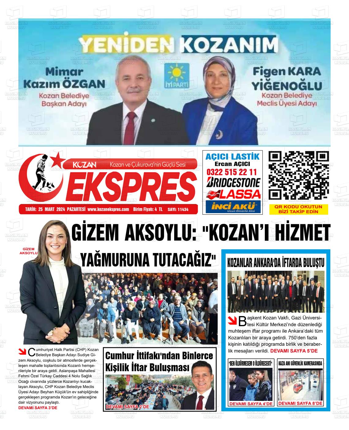 25 Mart 2024 Kozan Ekspres Gazete Manşeti