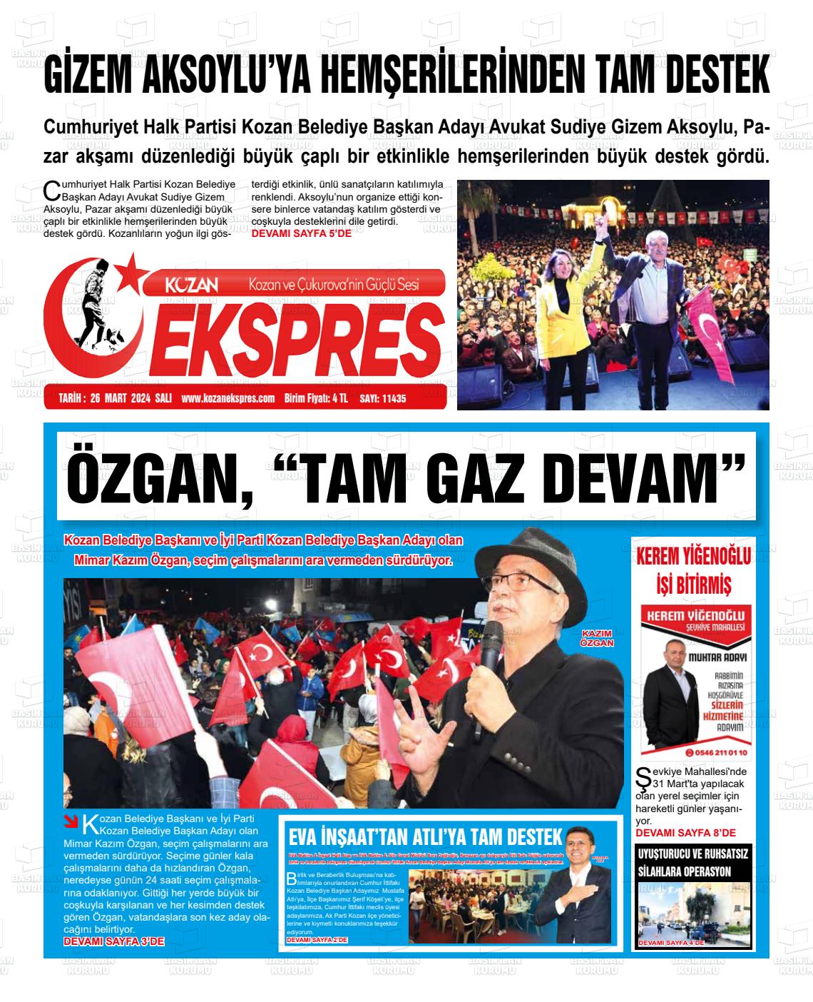 26 Mart 2024 Kozan Ekspres Gazete Manşeti