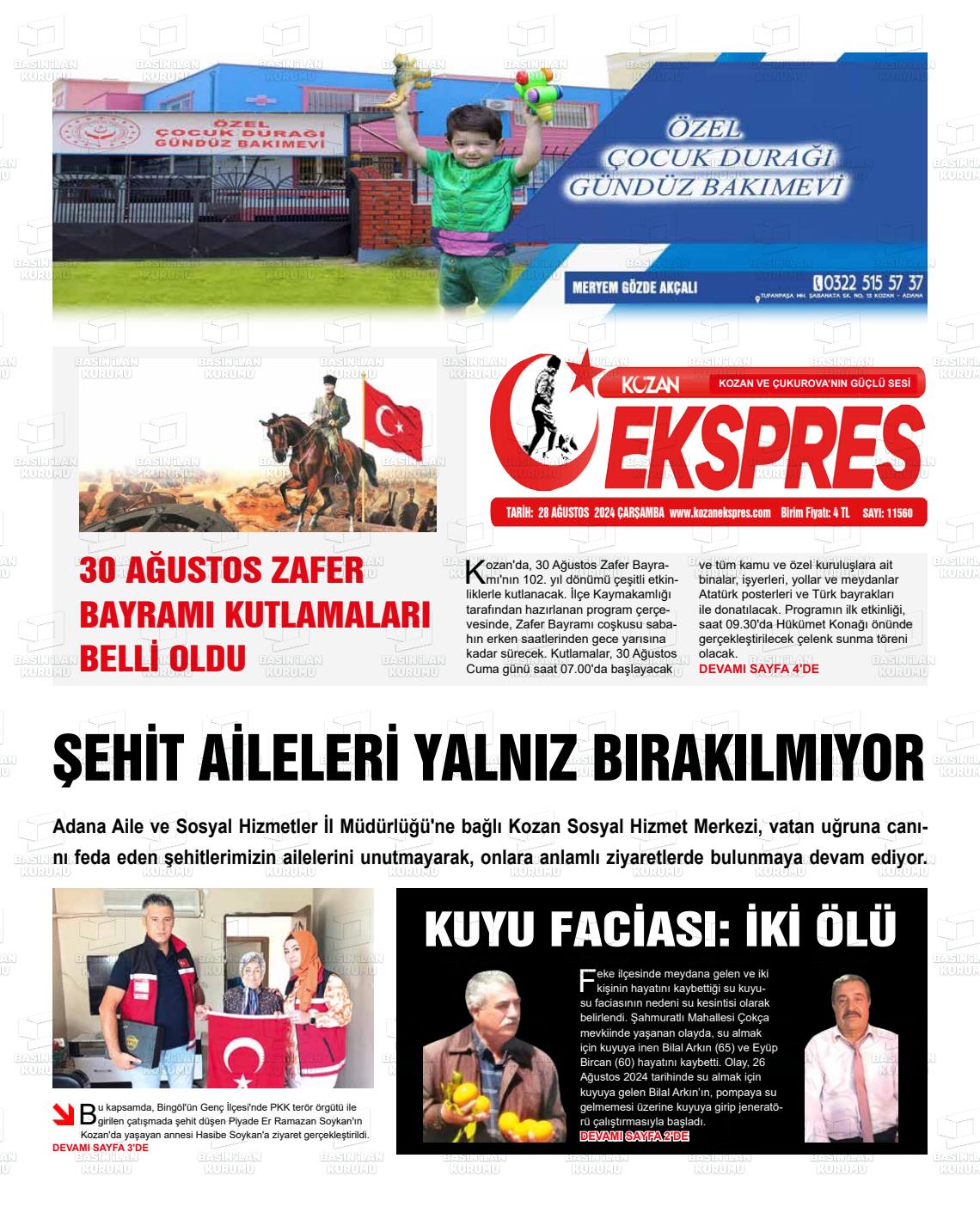 28 Ağustos 2024 Kozan Ekspres Gazete Manşeti