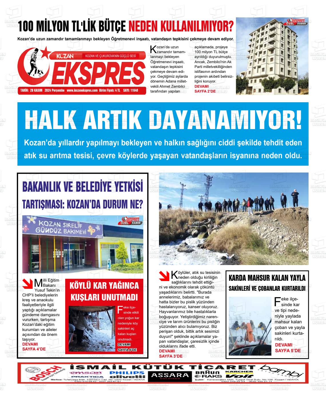 02 Aralık 2024 Kozan Ekspres Gazete Manşeti