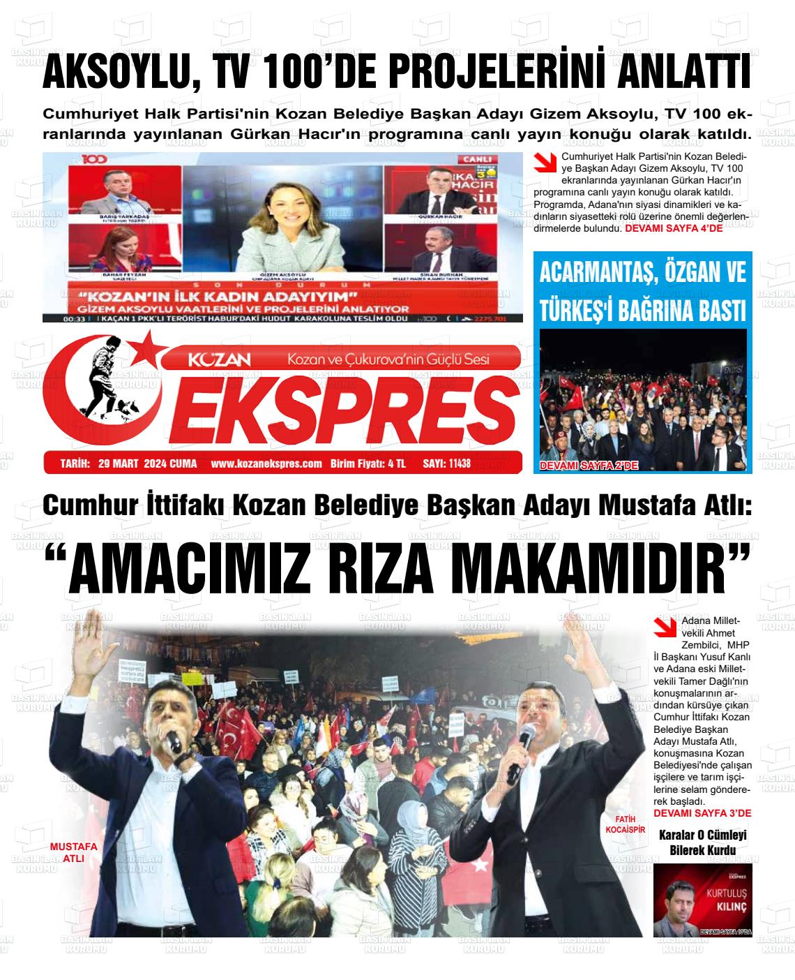 29 Mart 2024 Kozan Ekspres Gazete Manşeti