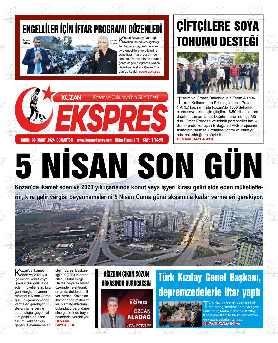 30 Mart 2024 Kozan Ekspres Gazete Manşeti