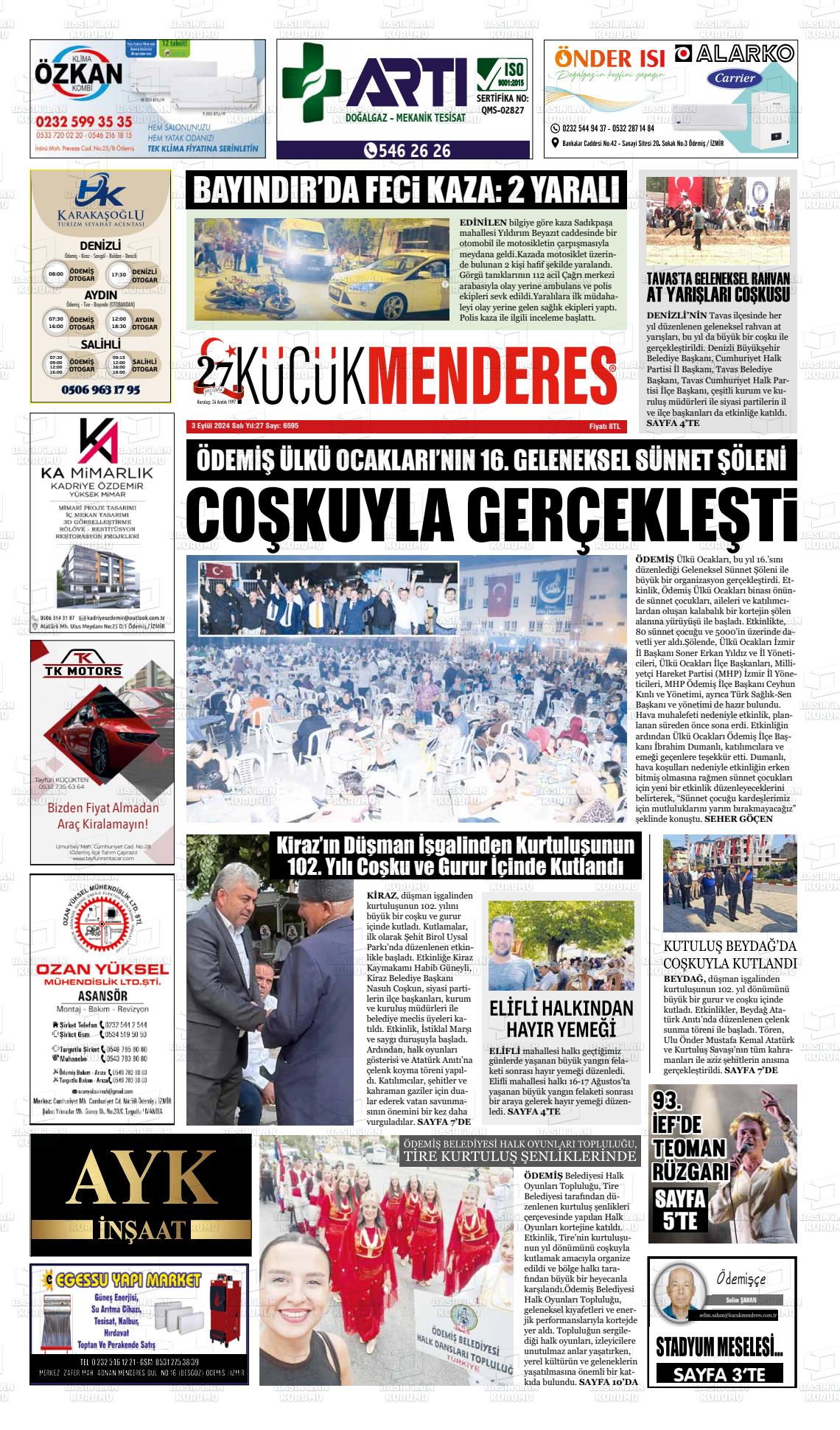 03 Eylül 2024 Küçük Menderes Gazete Manşeti