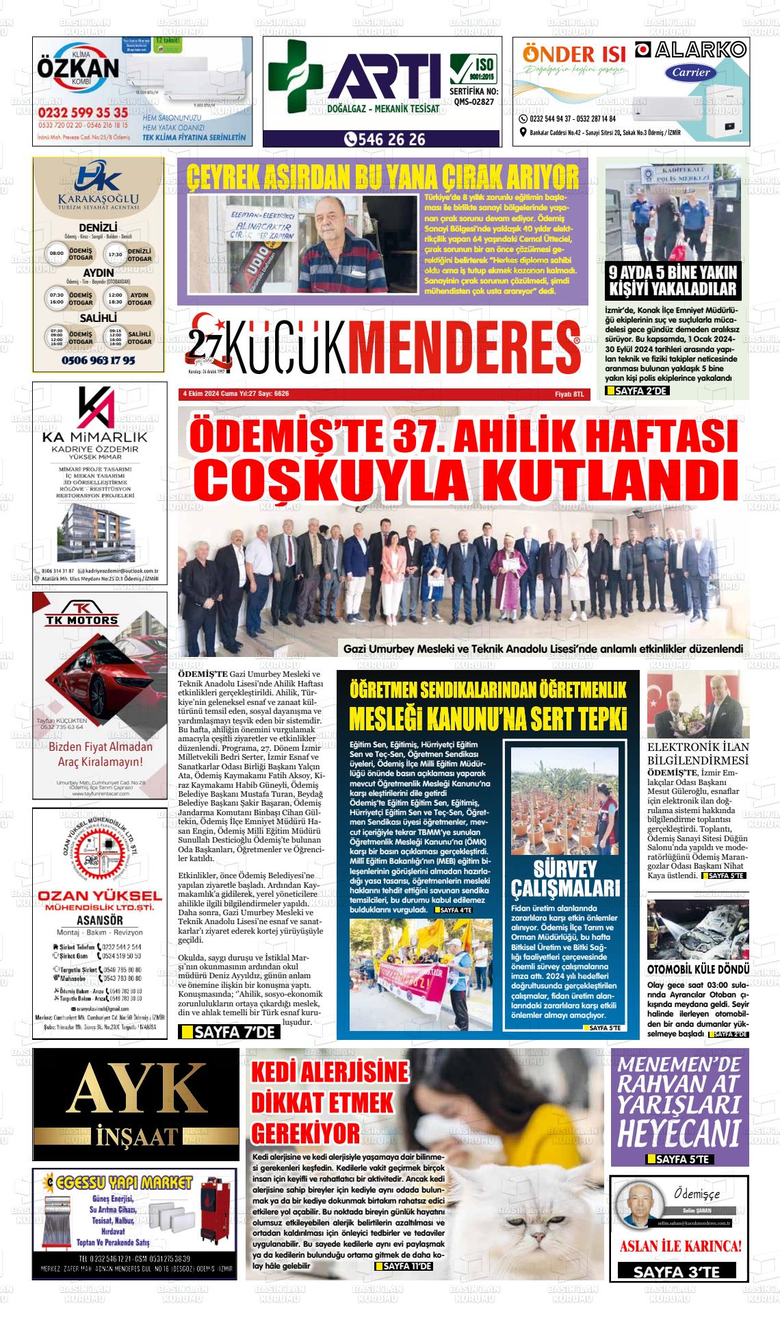 04 Ekim 2024 Küçük Menderes Gazete Manşeti