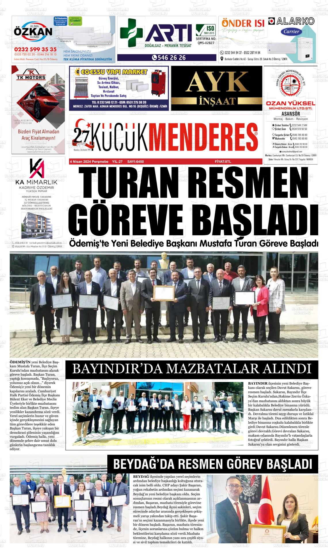 04 Nisan 2024 Küçük Menderes Gazete Manşeti