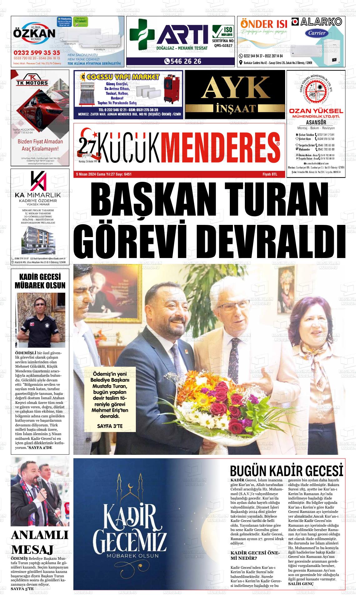 05 Nisan 2024 Küçük Menderes Gazete Manşeti