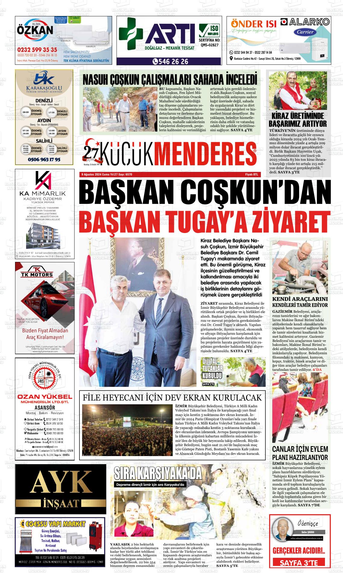 09 Ağustos 2024 Küçük Menderes Gazete Manşeti