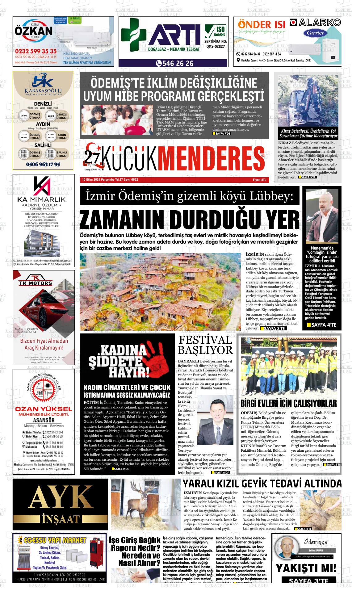 10 Ekim 2024 Küçük Menderes Gazete Manşeti