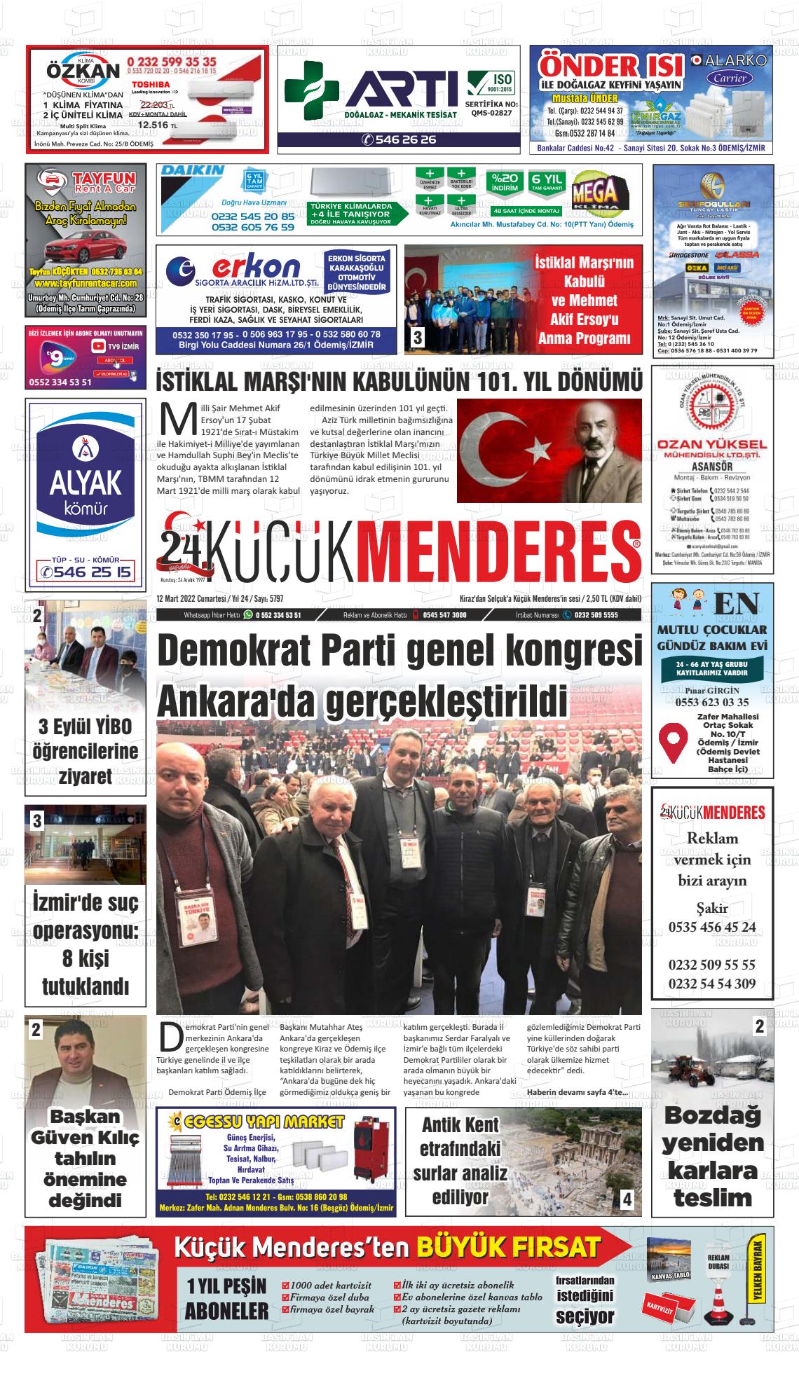 12 Mart 2022 Küçük Menderes Gazete Manşeti