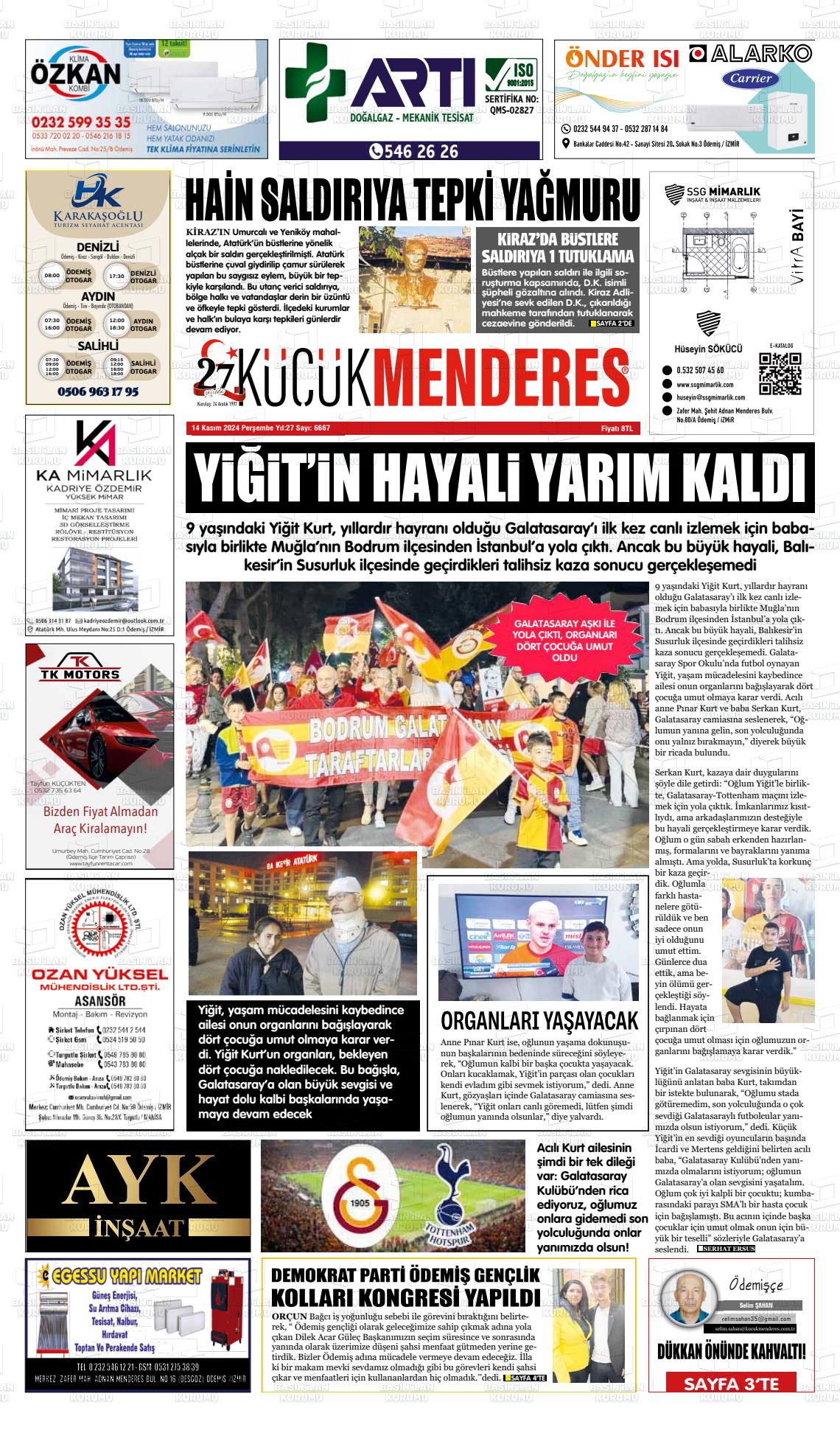 14 Kasım 2024 Küçük Menderes Gazete Manşeti