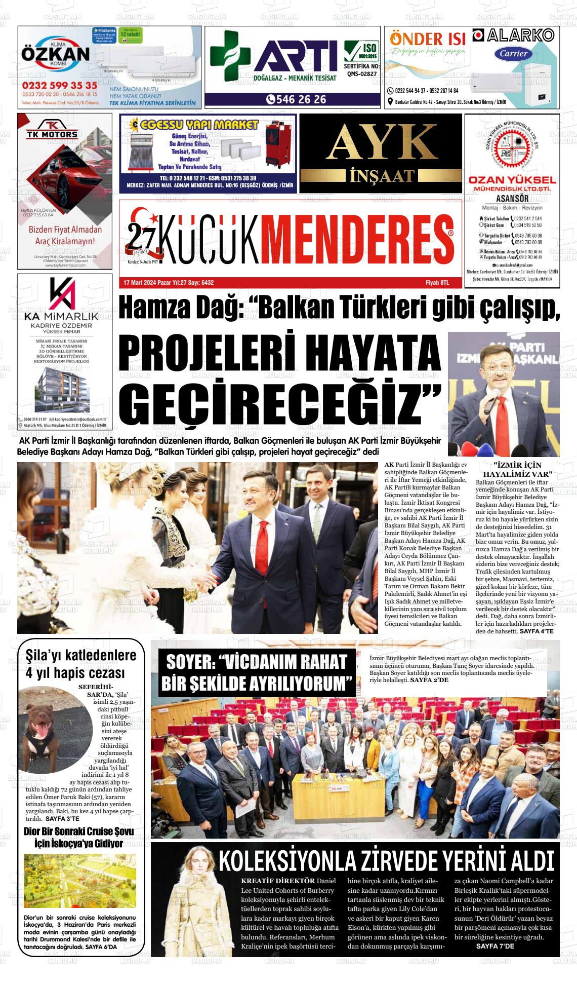 17 Mart 2024 Küçük Menderes Gazete Manşeti