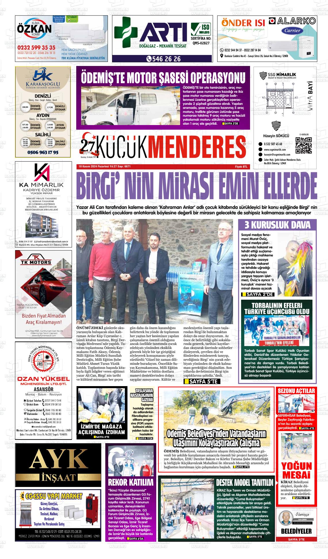 18 Kasım 2024 Küçük Menderes Gazete Manşeti