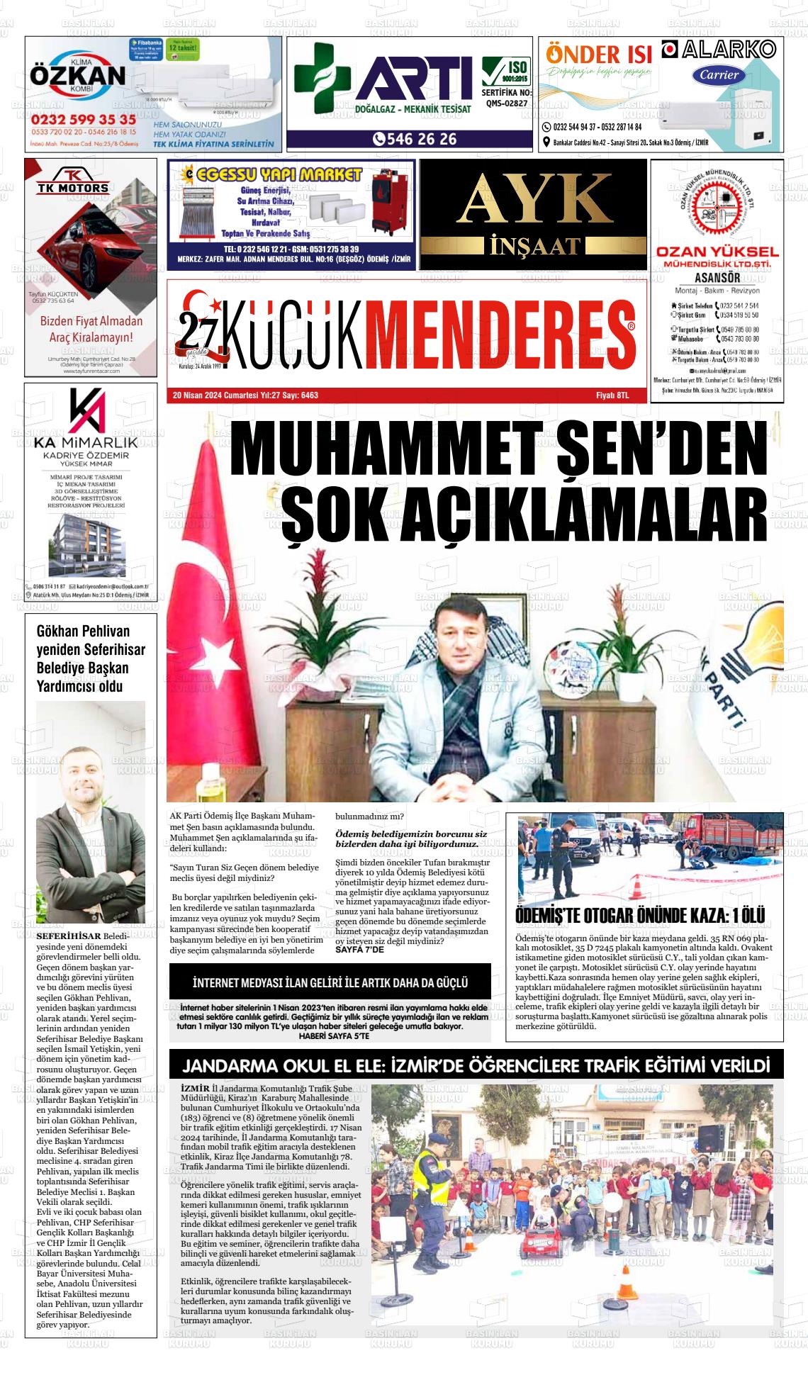 20 Nisan 2024 Küçük Menderes Gazete Manşeti