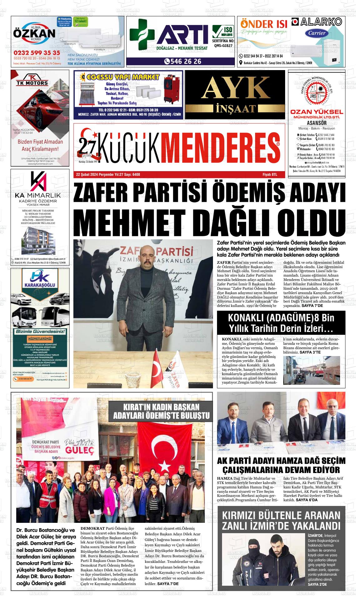 22 Şubat 2024 Küçük Menderes Gazete Manşeti