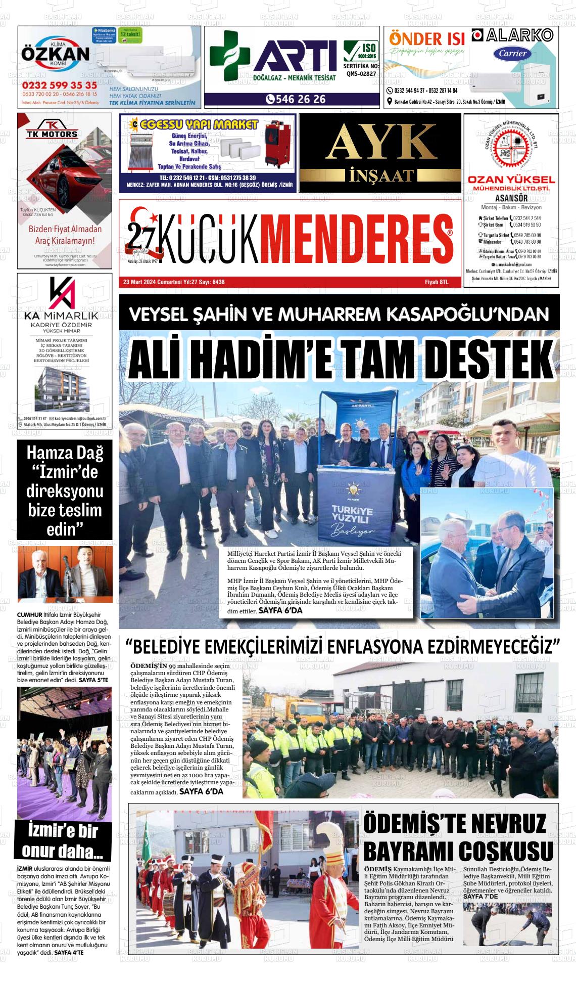 23 Mart 2024 Küçük Menderes Gazete Manşeti