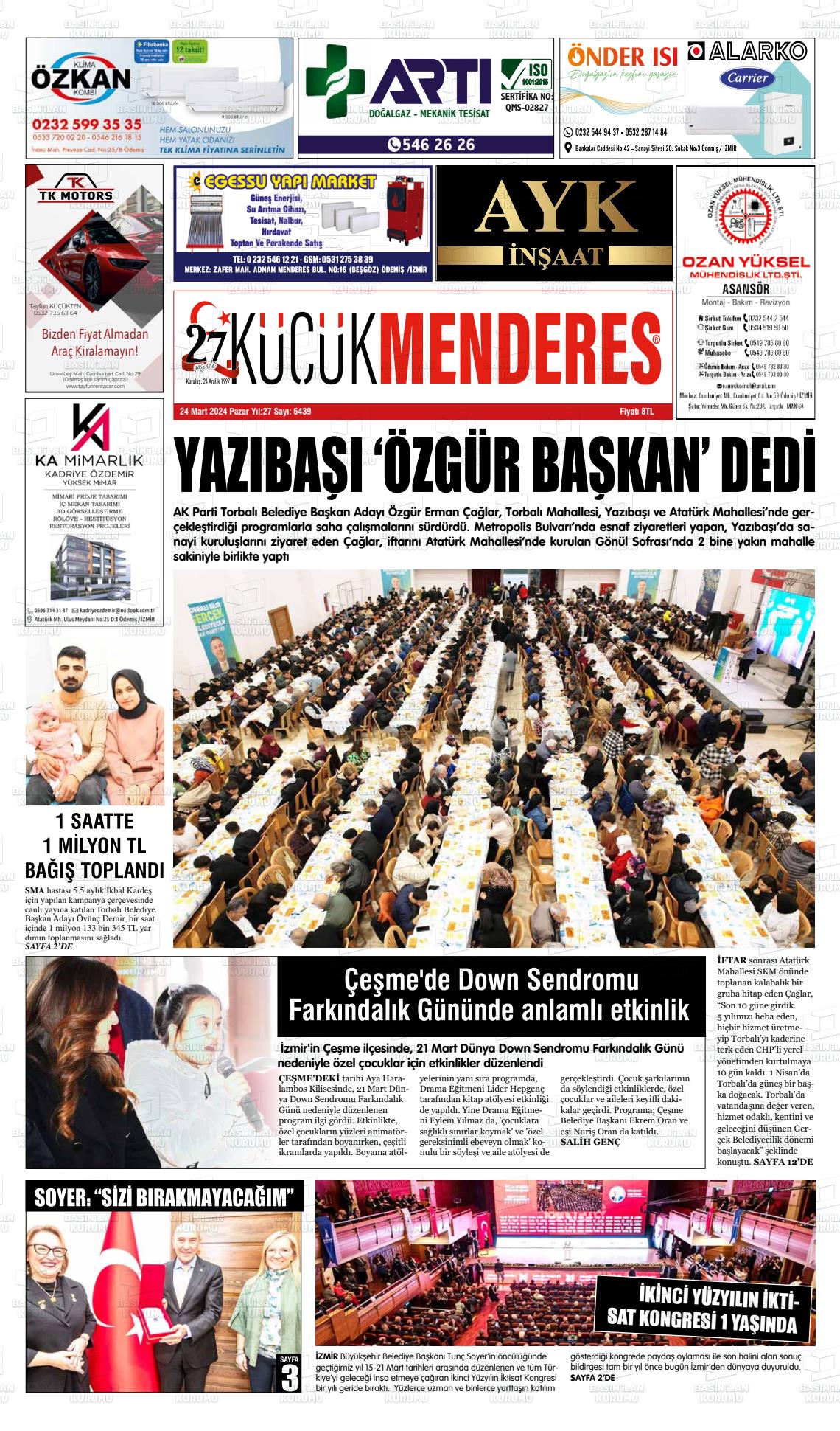 24 Mart 2024 Küçük Menderes Gazete Manşeti