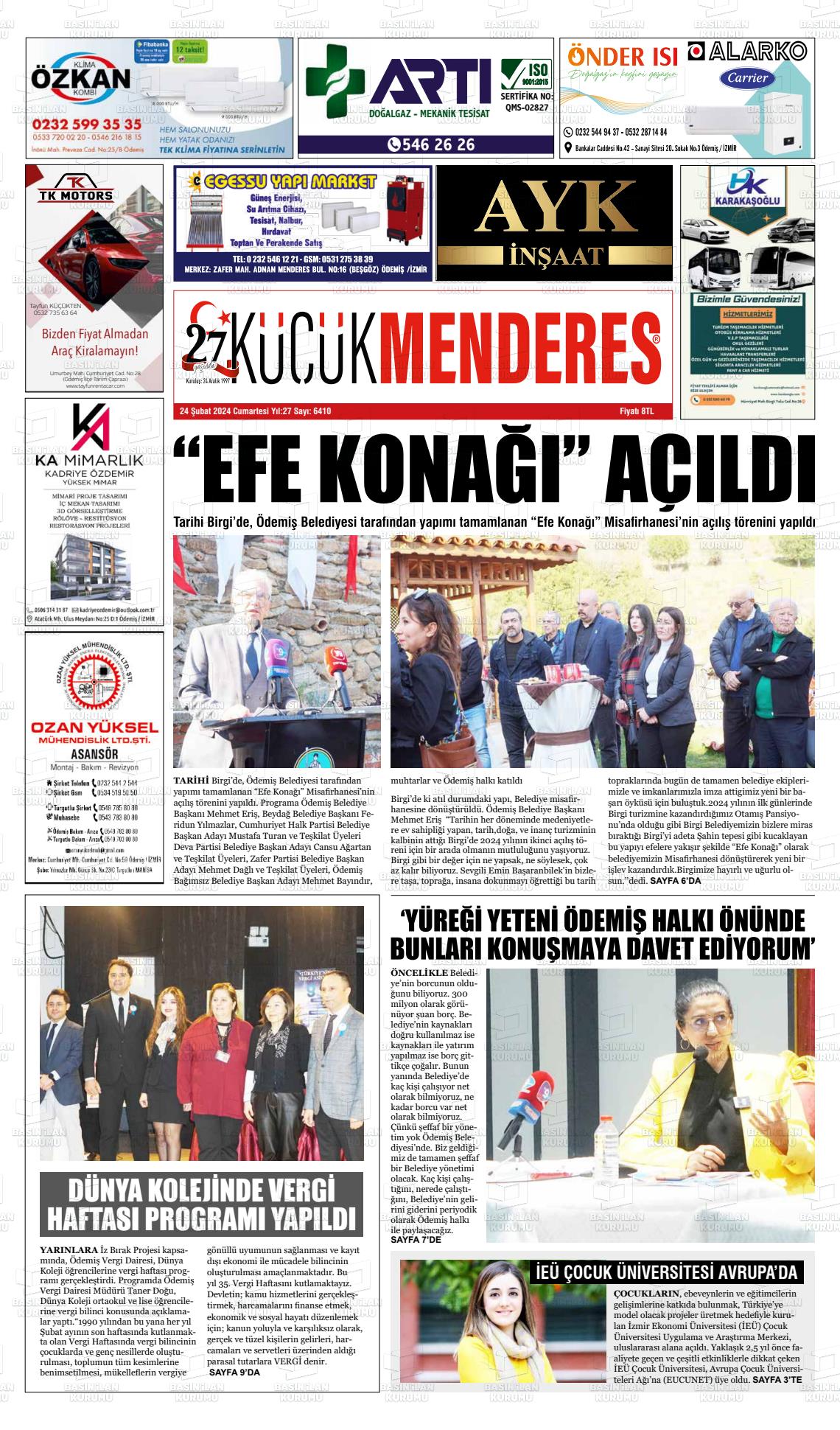 24 Şubat 2024 Küçük Menderes Gazete Manşeti