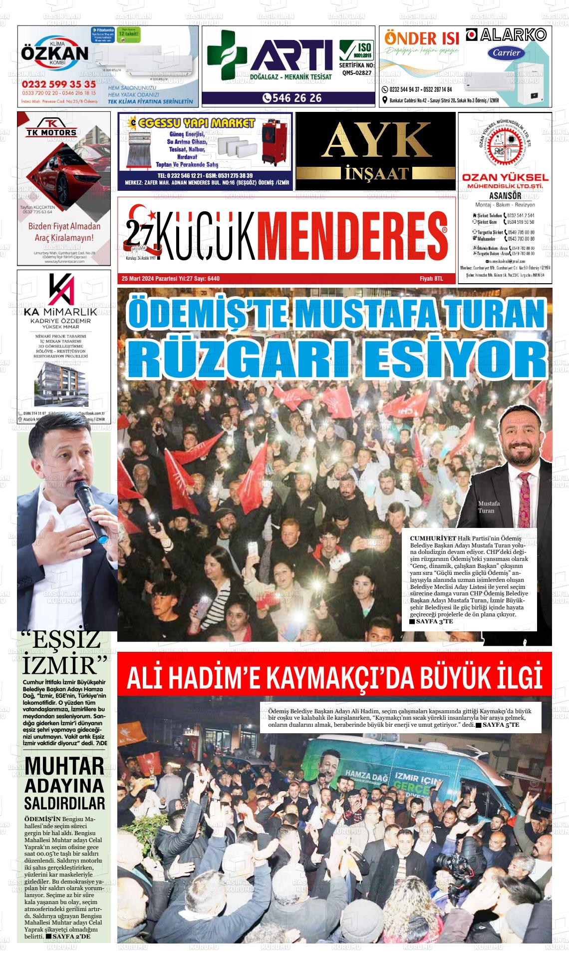 25 Mart 2024 Küçük Menderes Gazete Manşeti