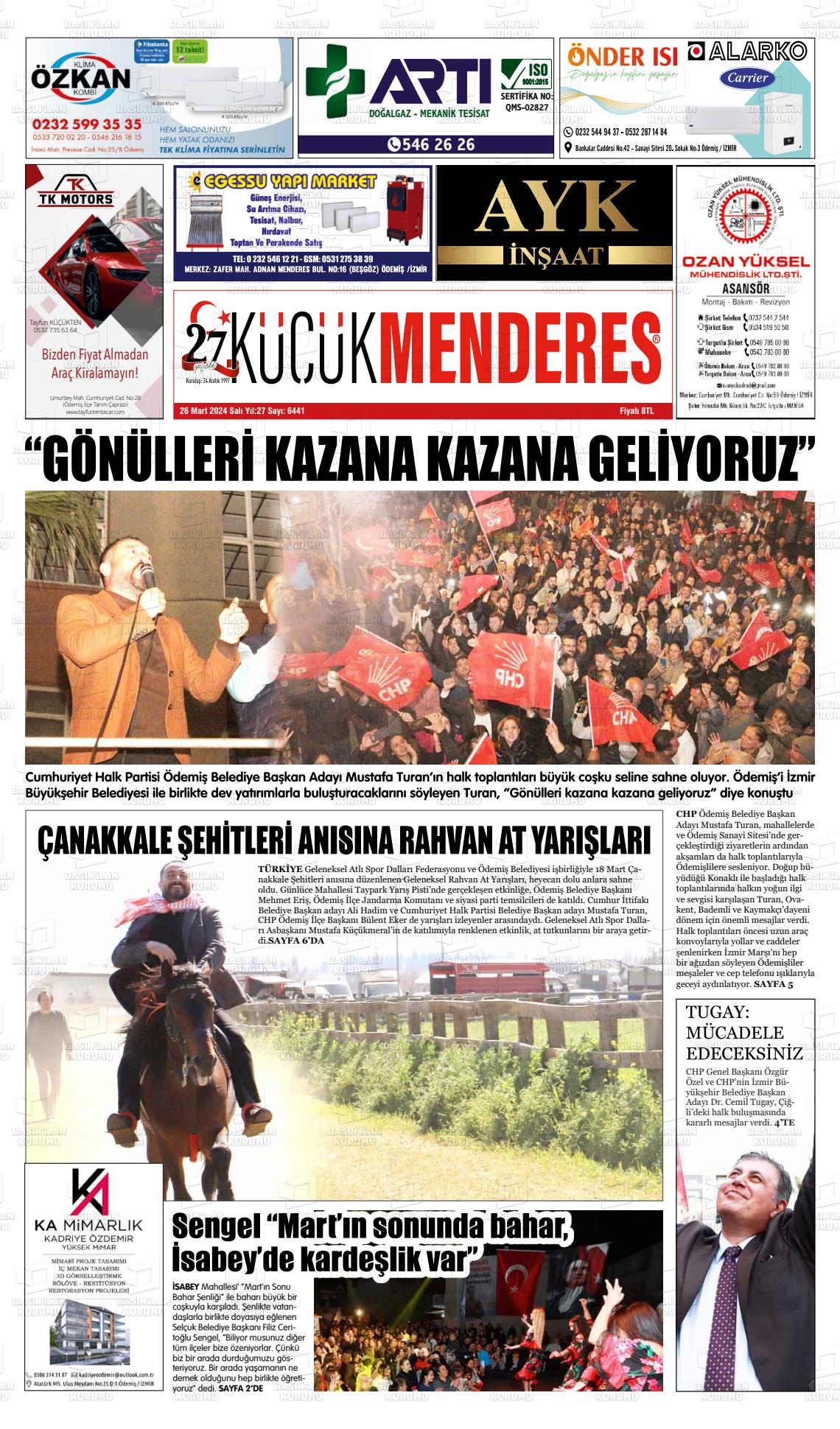 26 Mart 2024 Küçük Menderes Gazete Manşeti