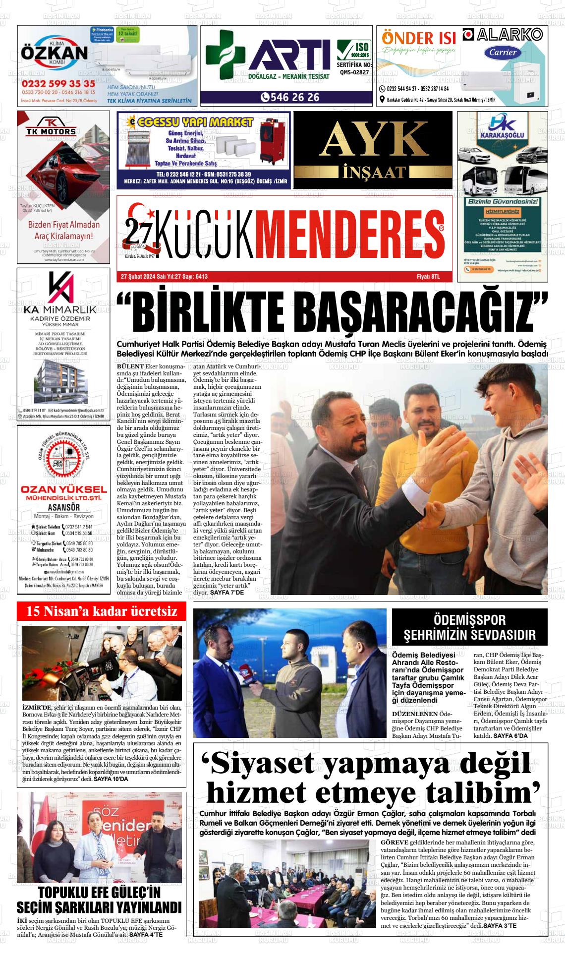 27 Şubat 2024 Küçük Menderes Gazete Manşeti