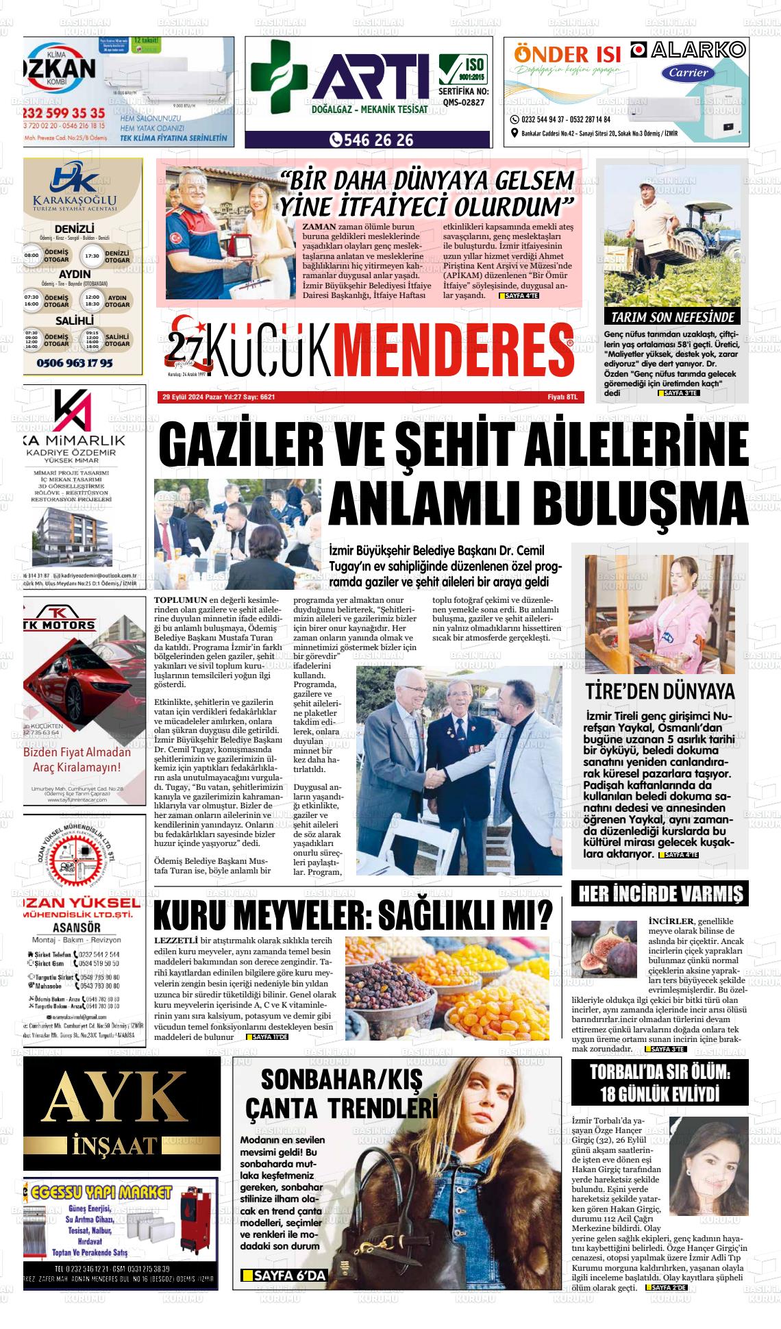 29 Eylül 2024 Küçük Menderes Gazete Manşeti