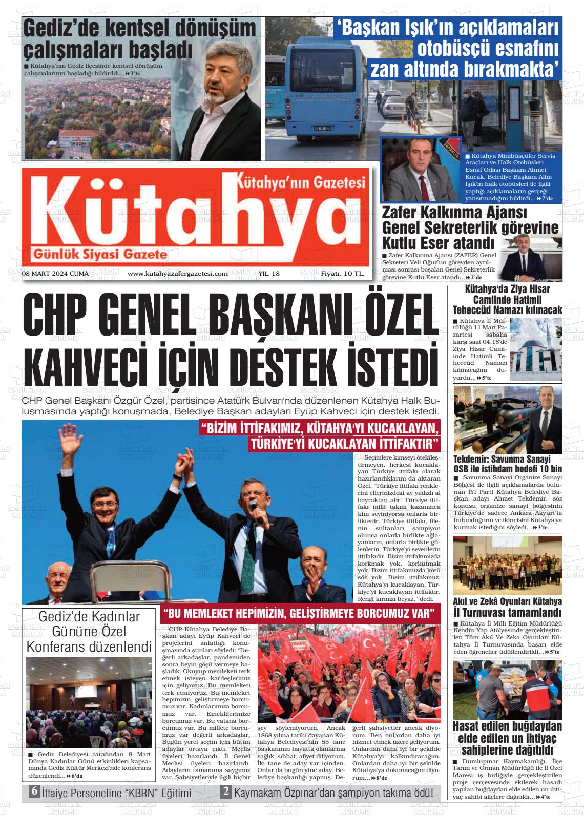 08 Mart 2024 Kütahya Zafer Gazete Manşeti