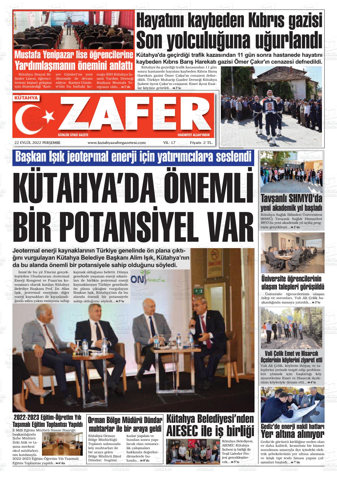 22 Eylül 2022 Kütahya Zafer Gazete Manşeti