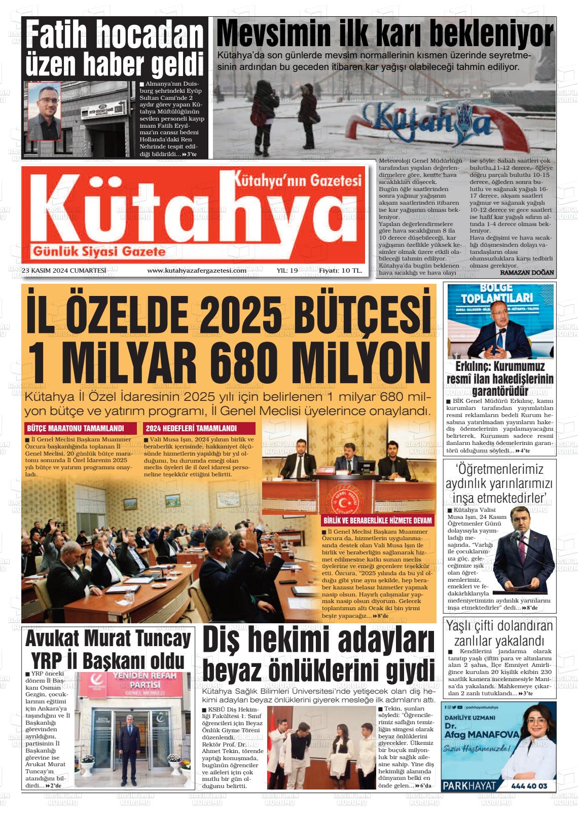 23 Kasım 2024 Kütahya Zafer Gazete Manşeti