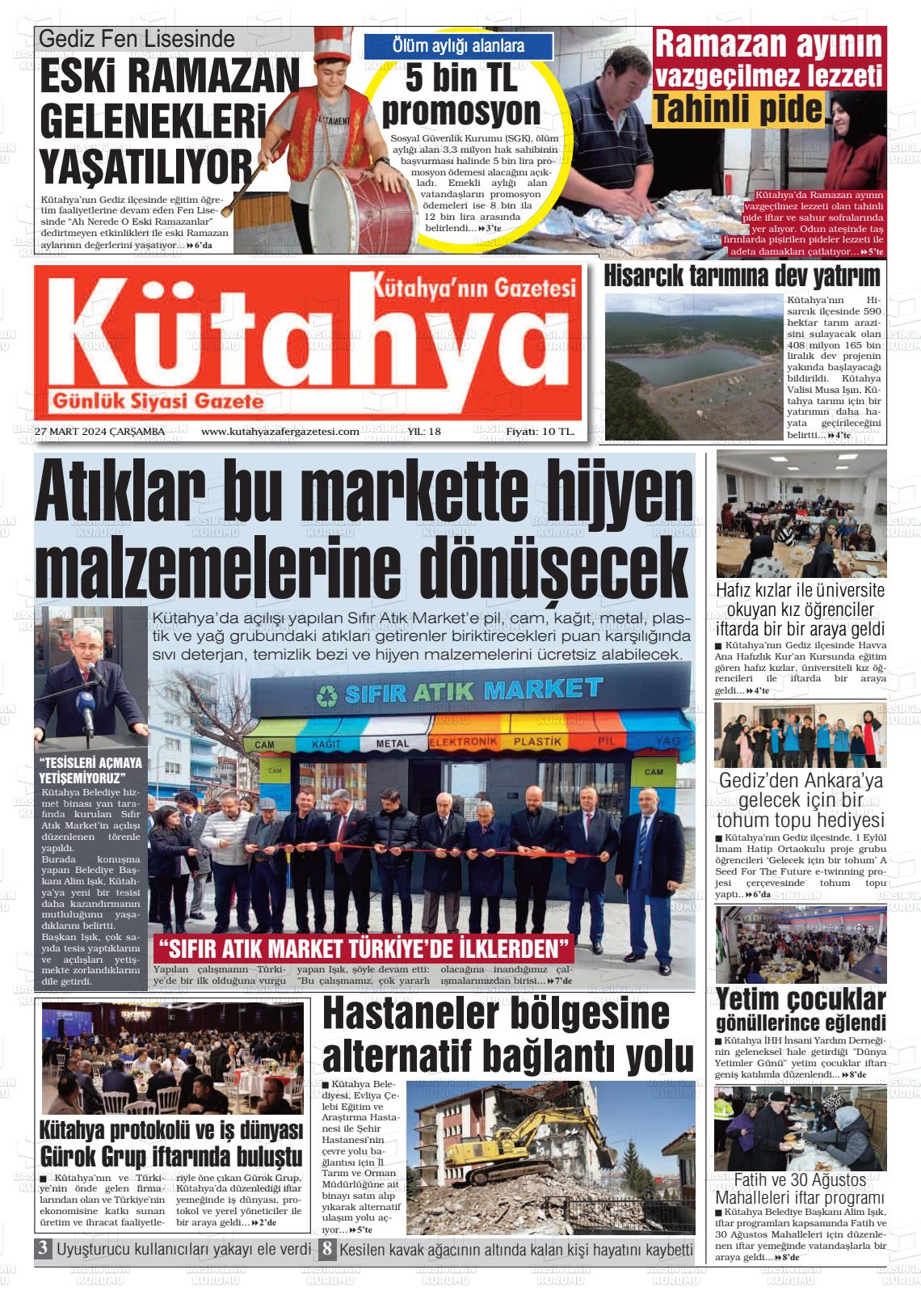 27 Mart 2024 Kütahya Zafer Gazete Manşeti