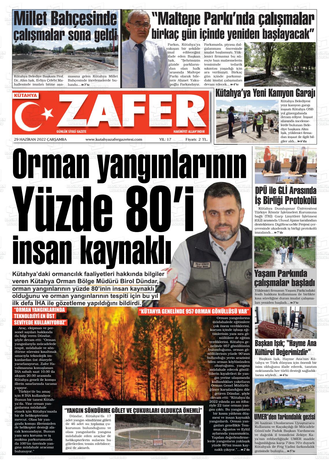 29 Haziran 2022 Kütahya Zafer Gazete Manşeti