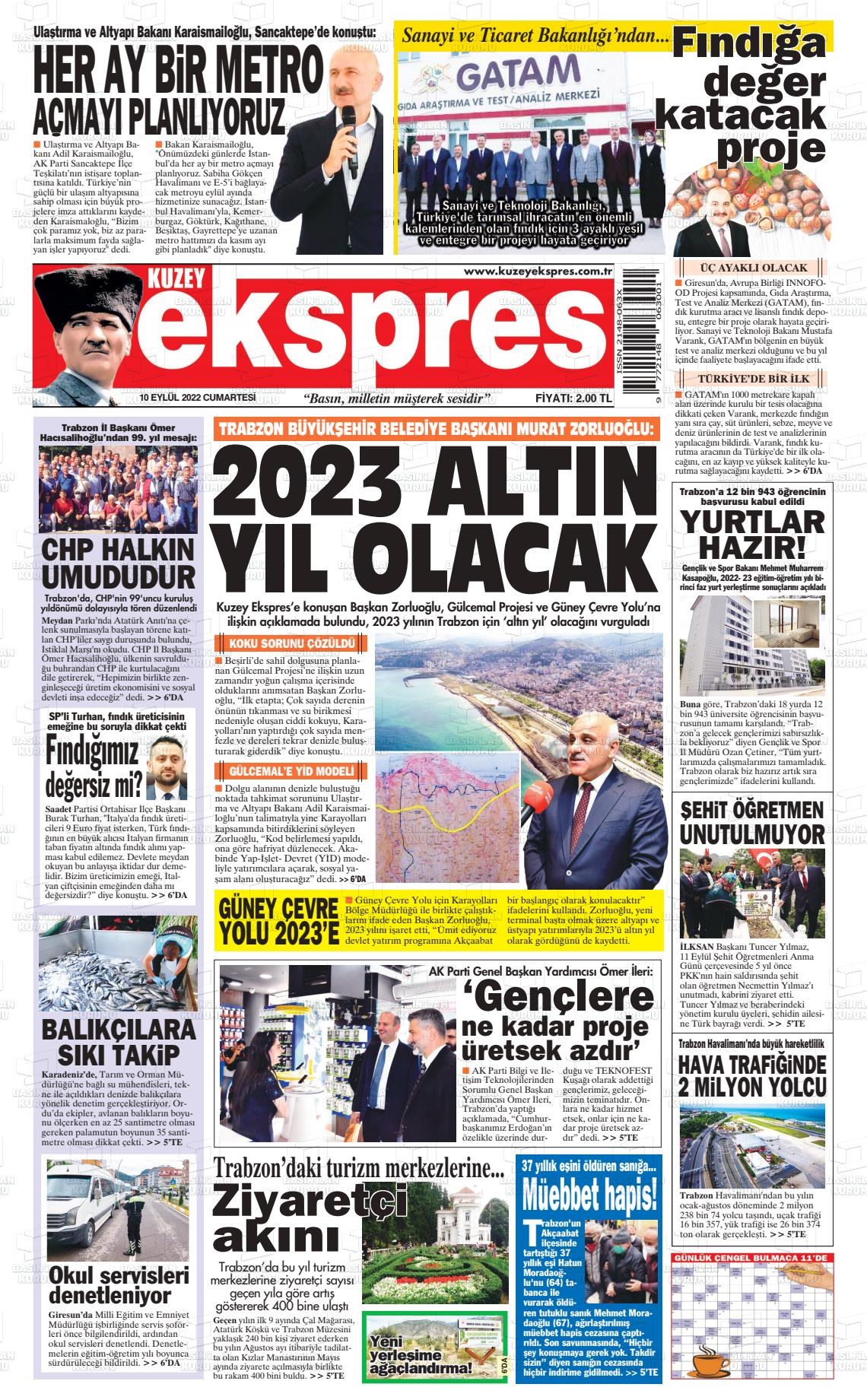 10 Eylül 2022 Kuzey Ekspres Gazete Manşeti