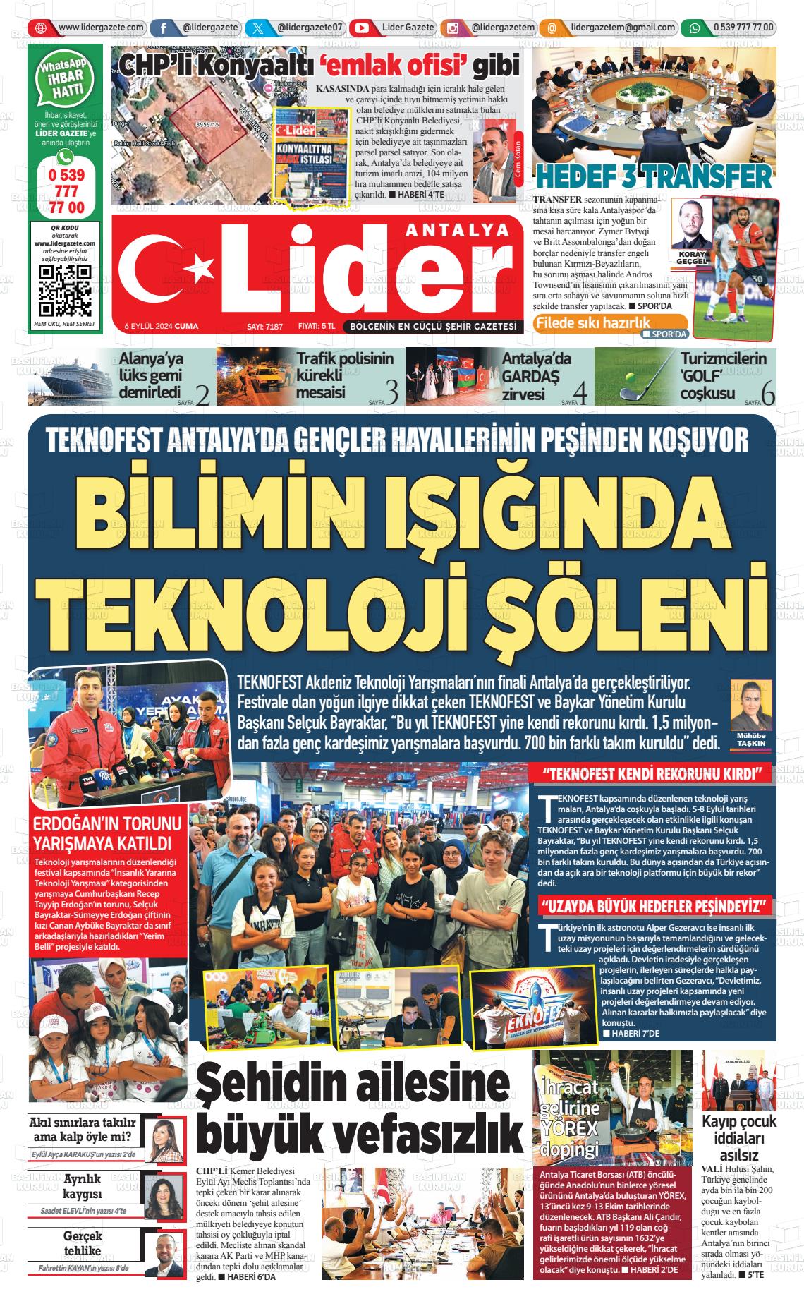 06 Eylül 2024 Lider Gazete Gazete Manşeti