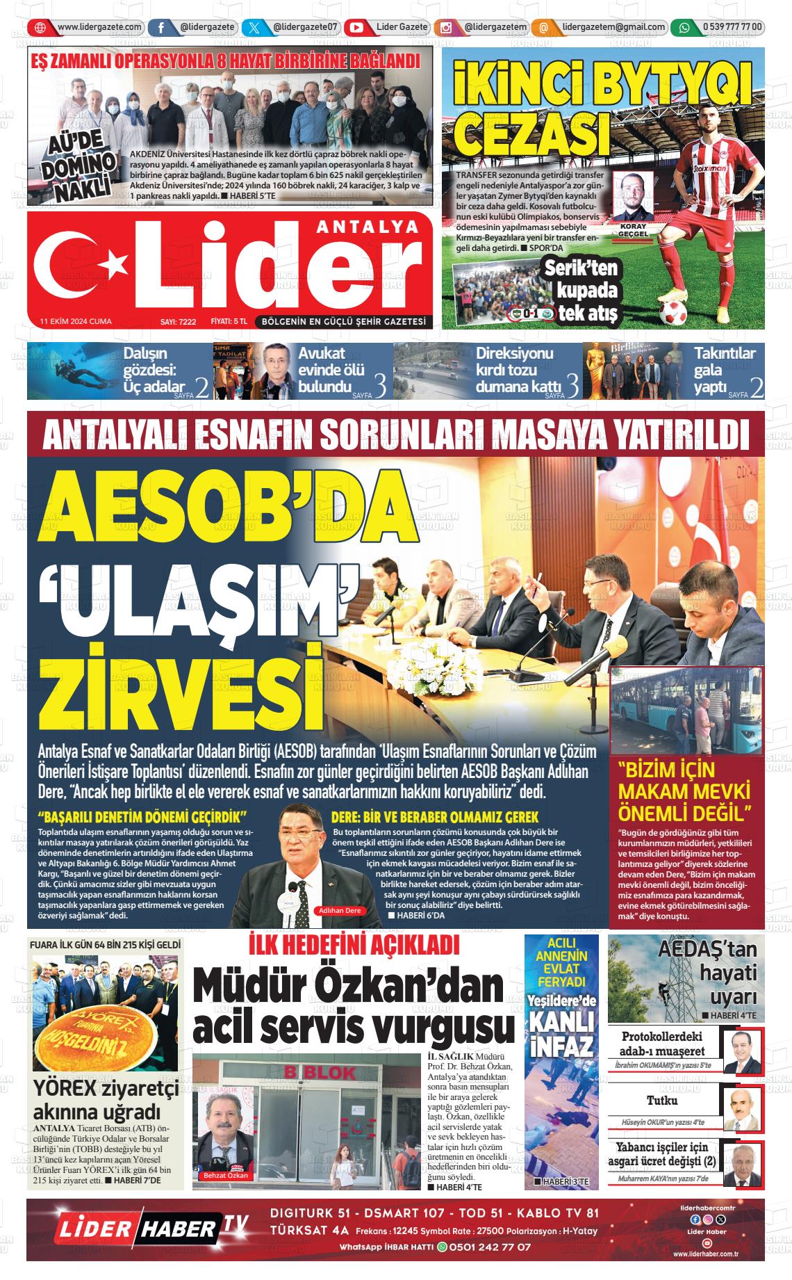 11 Ekim 2024 Lider Gazete Gazete Manşeti