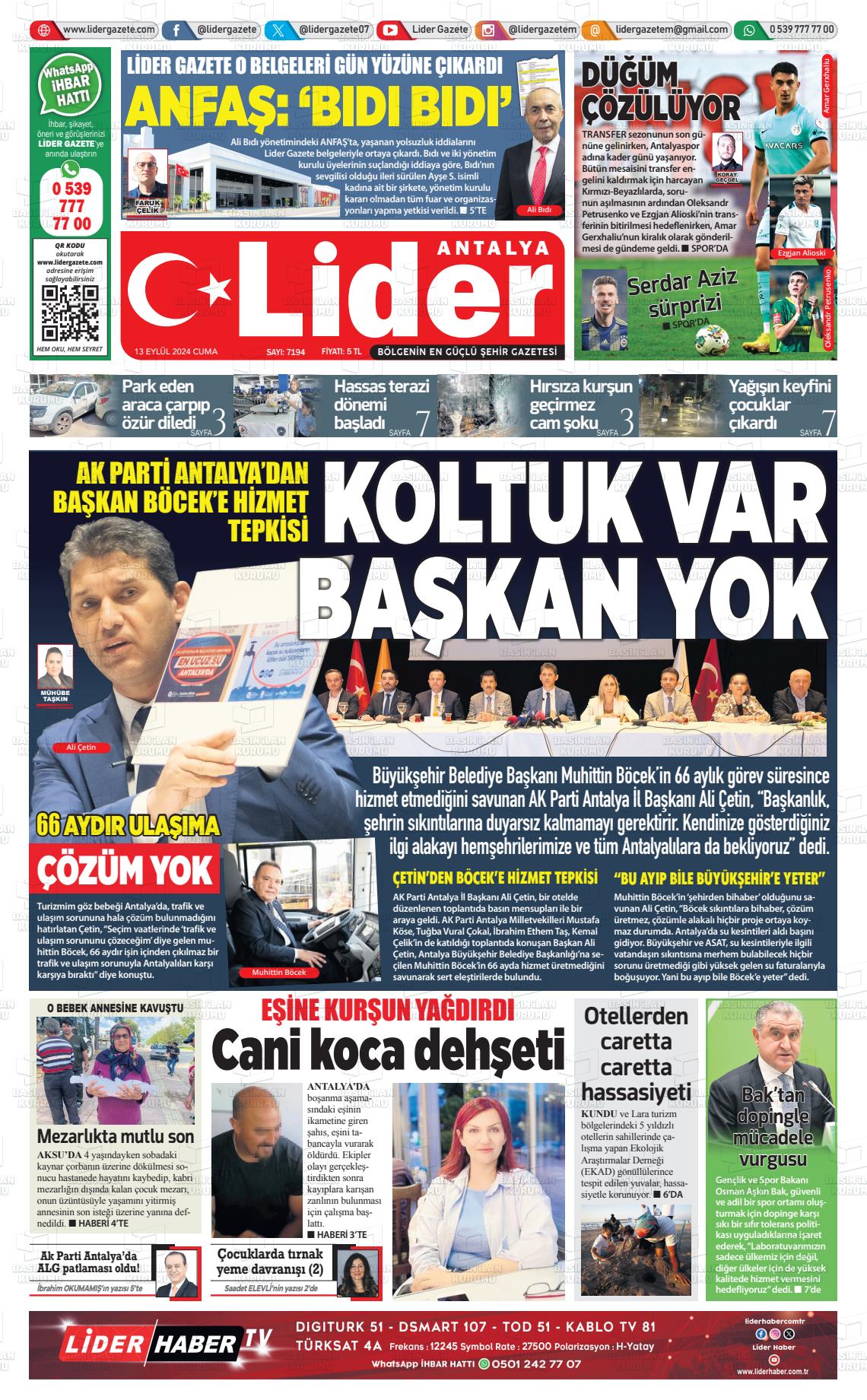 13 Eylül 2024 Lider Gazete Gazete Manşeti