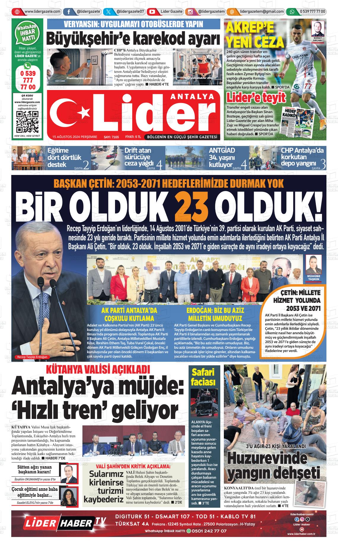 15 Ağustos 2024 Lider Gazete Gazete Manşeti