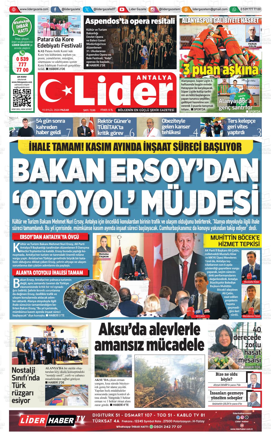 15 Eylül 2024 Lider Gazete Gazete Manşeti