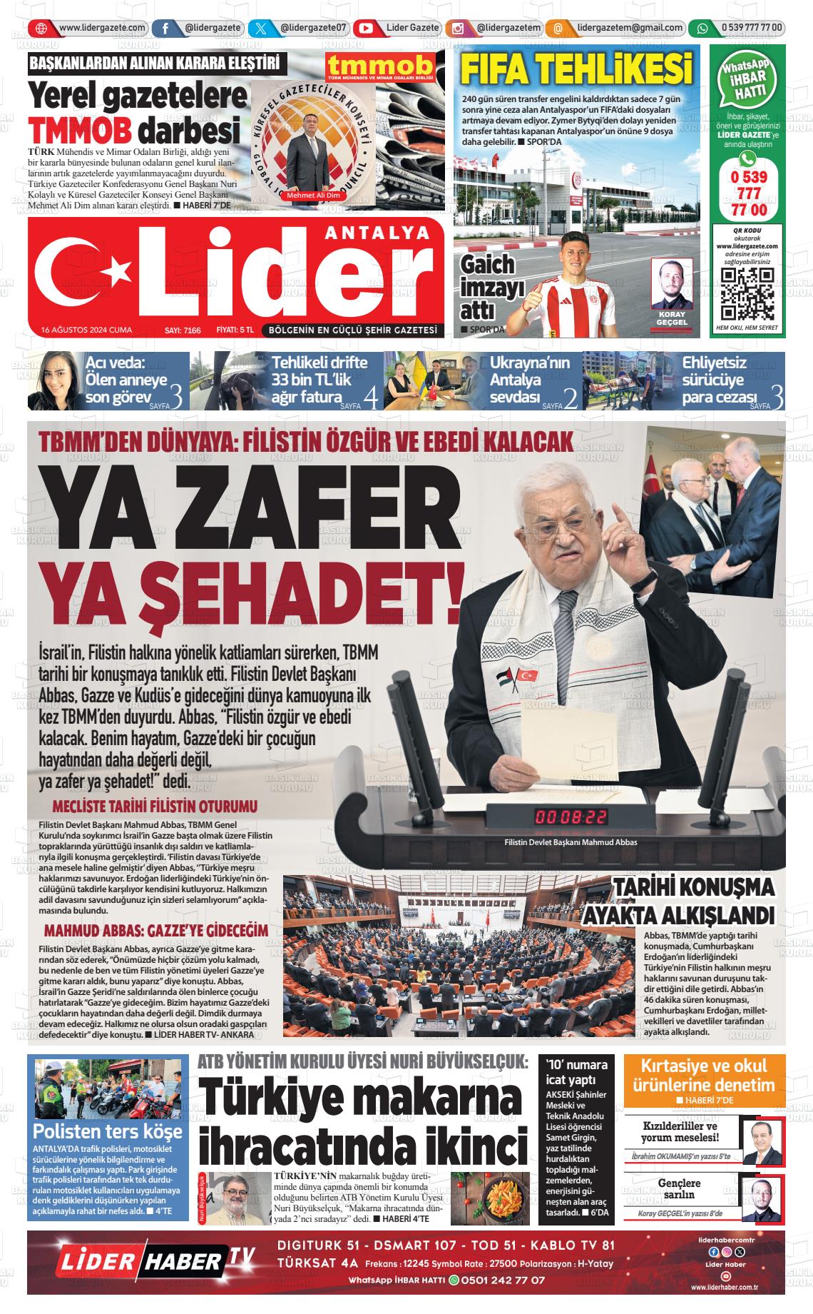 16 Ağustos 2024 Lider Gazete Gazete Manşeti