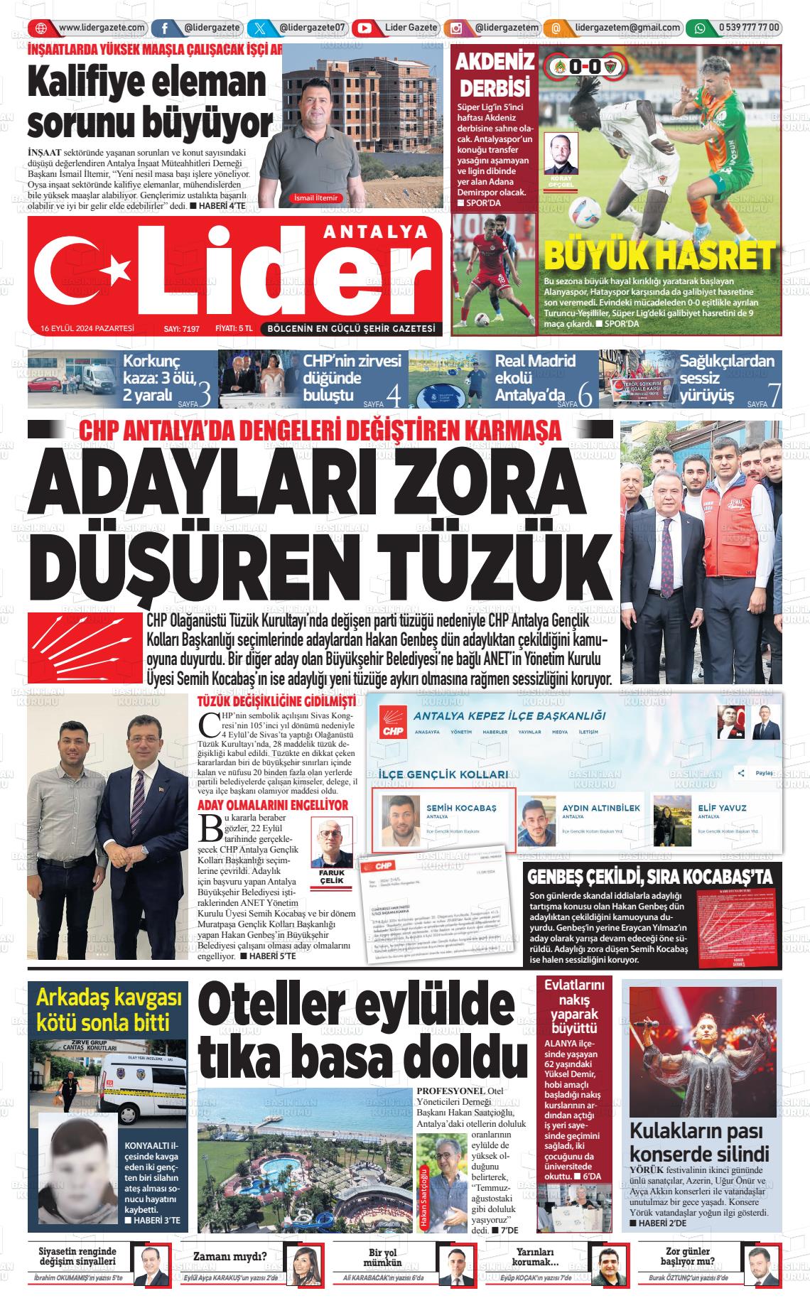 16 Eylül 2024 Lider Gazete Gazete Manşeti