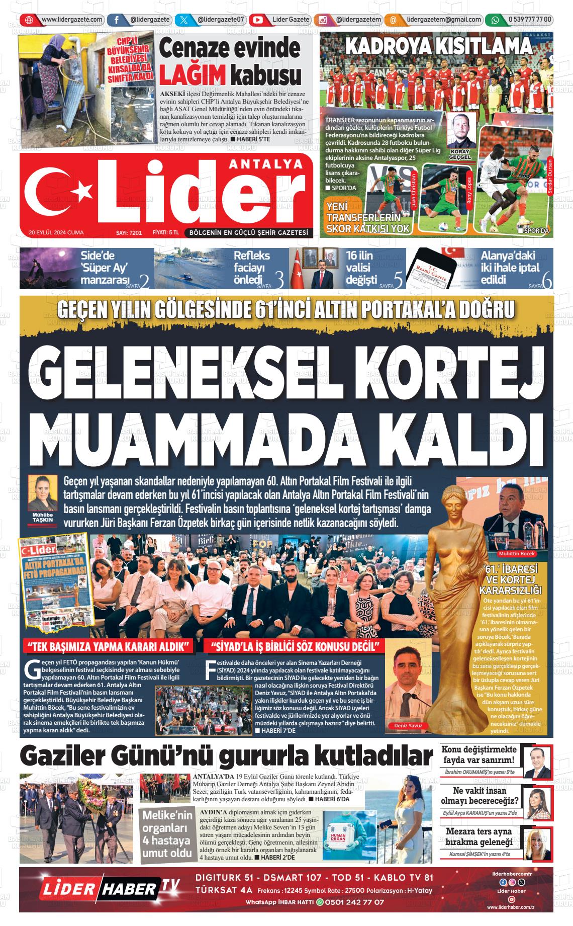 20 Eylül 2024 Lider Gazete Gazete Manşeti