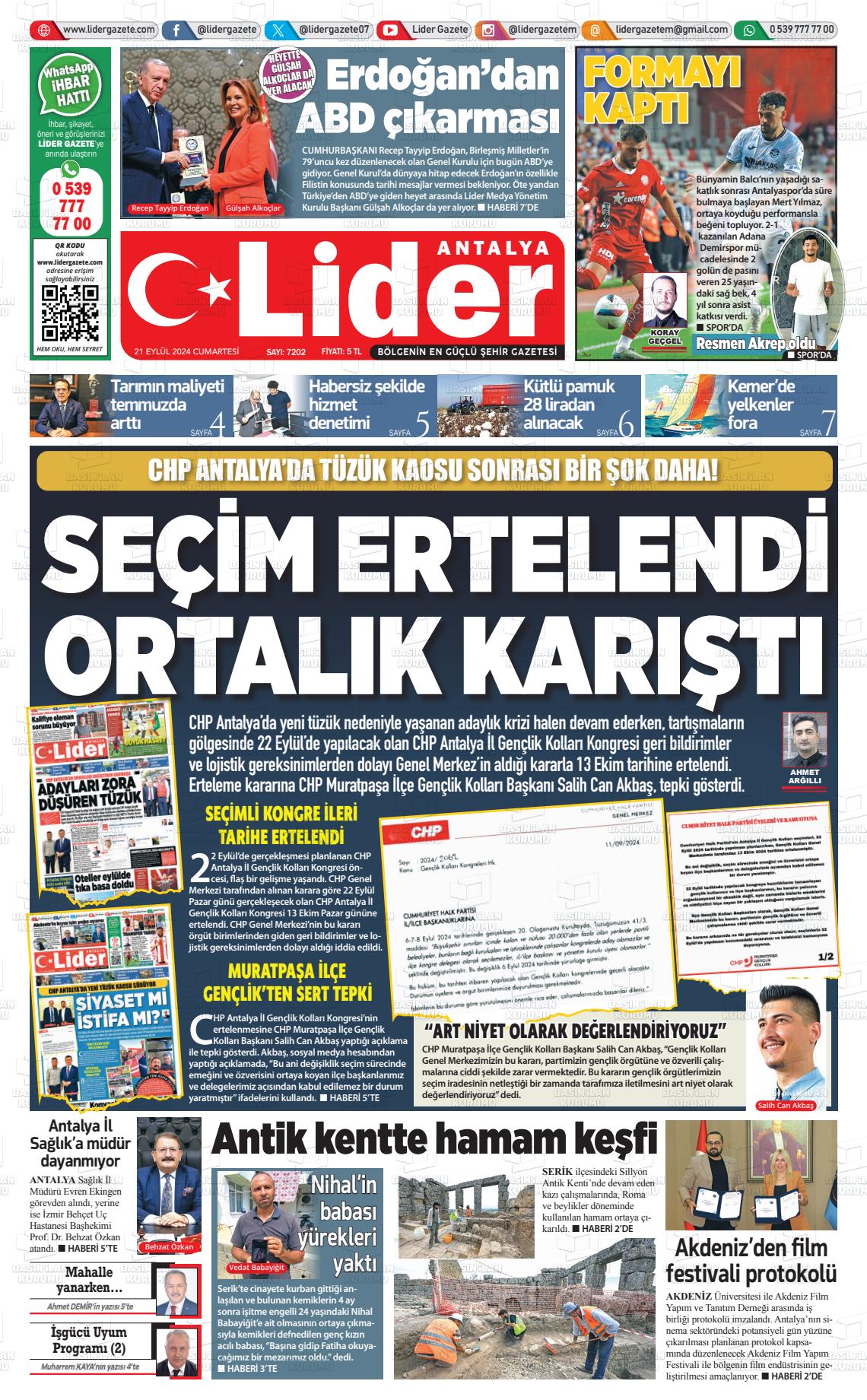 21 Eylül 2024 Lider Gazete Gazete Manşeti