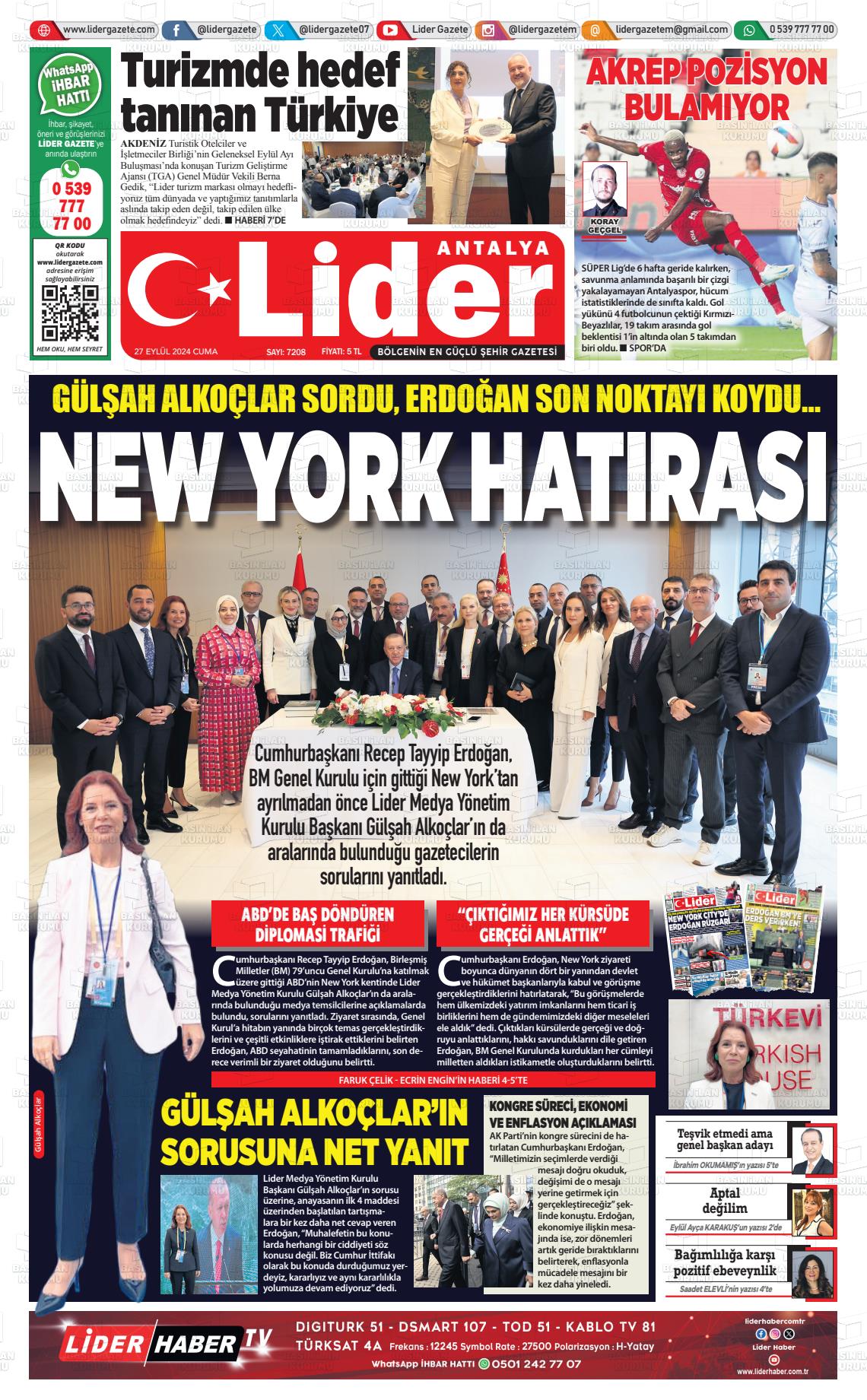 27 Eylül 2024 Lider Gazete Gazete Manşeti