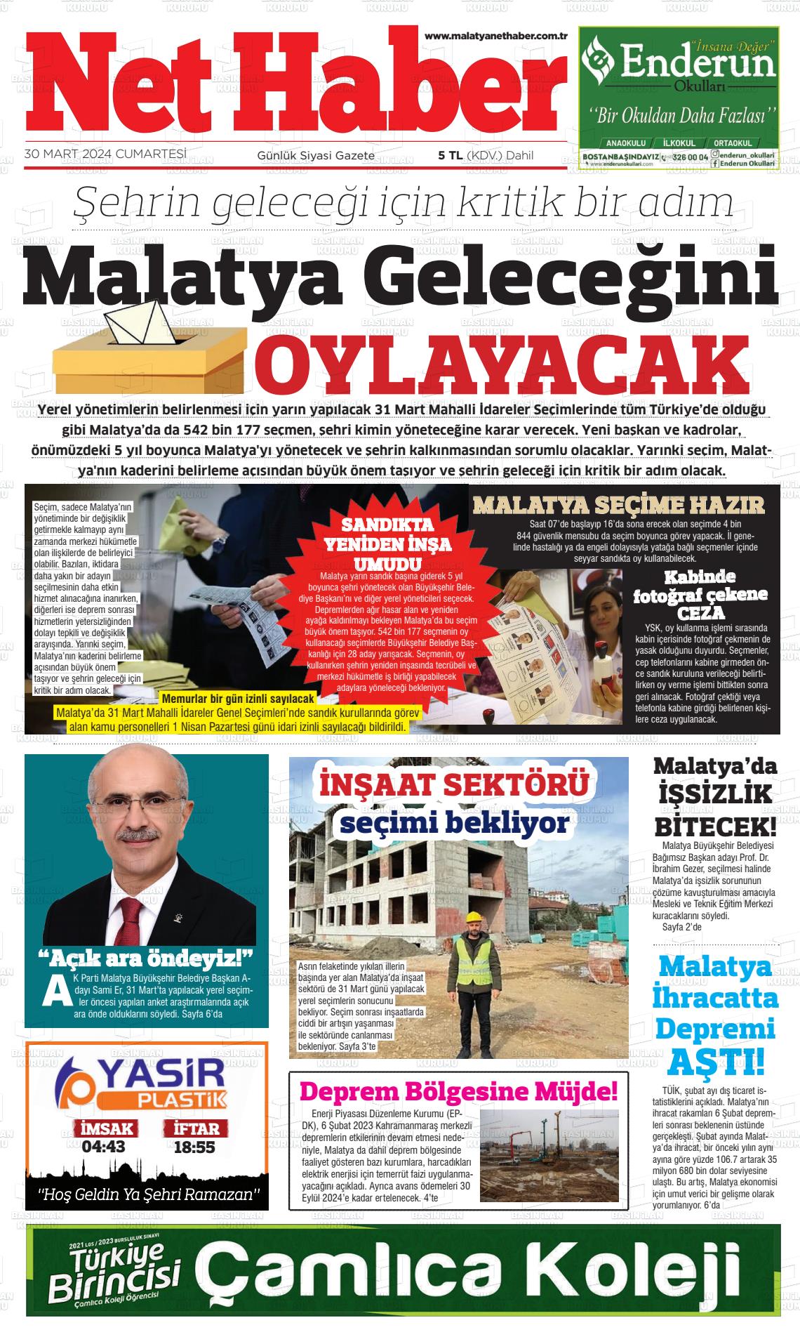 30 Mart 2024 MALATYA NET HABER Gazete Manşeti