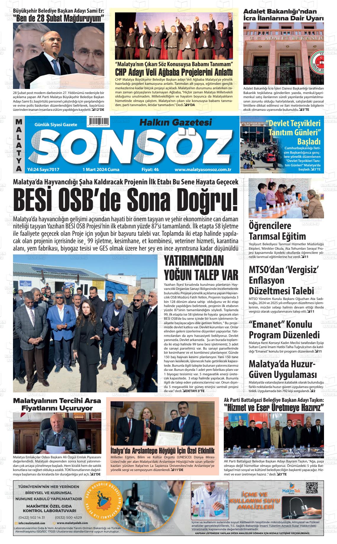 01 Mart 2024 Sonsöz Gazete Manşeti