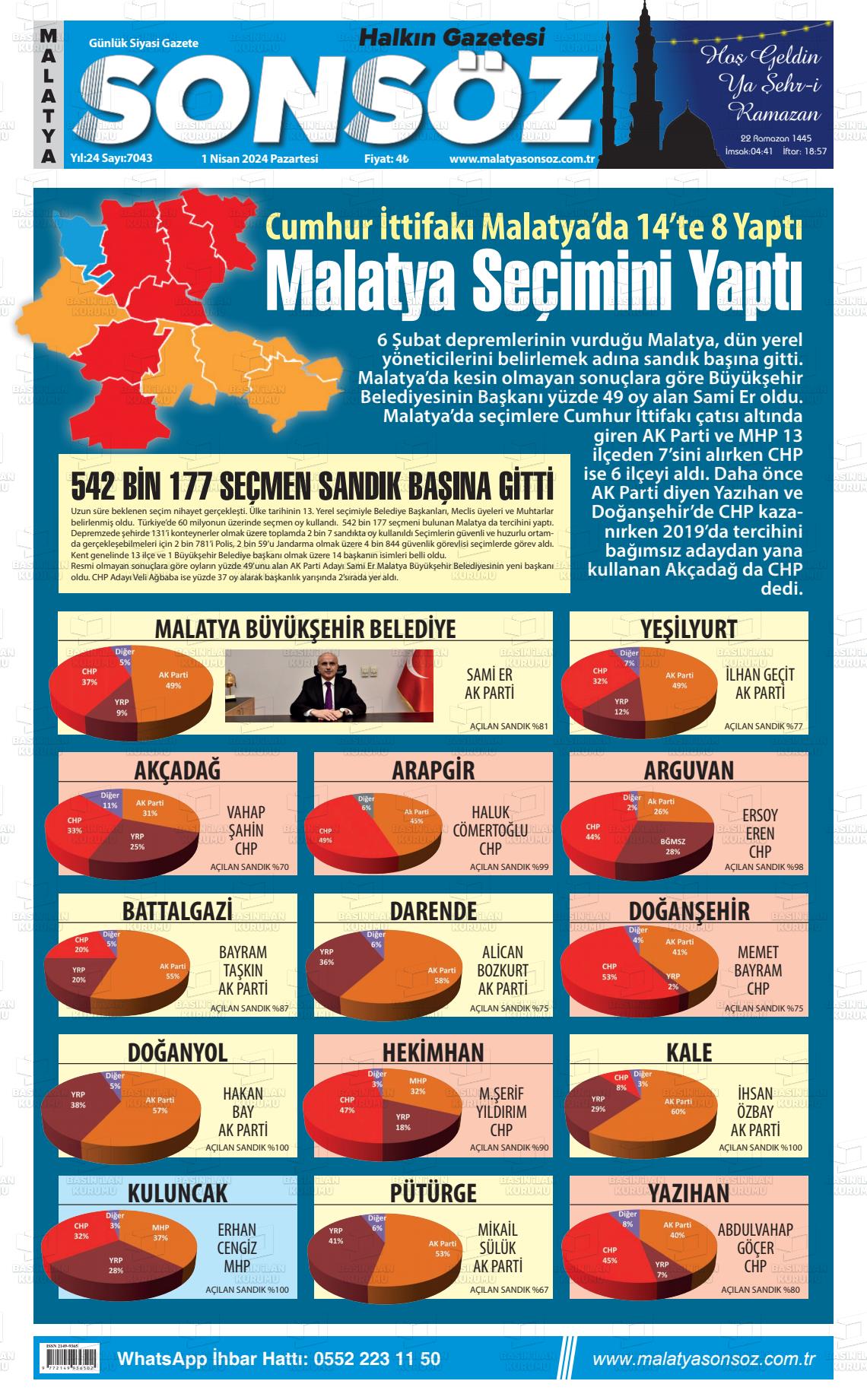 01 Nisan 2024 Sonsöz Gazete Manşeti