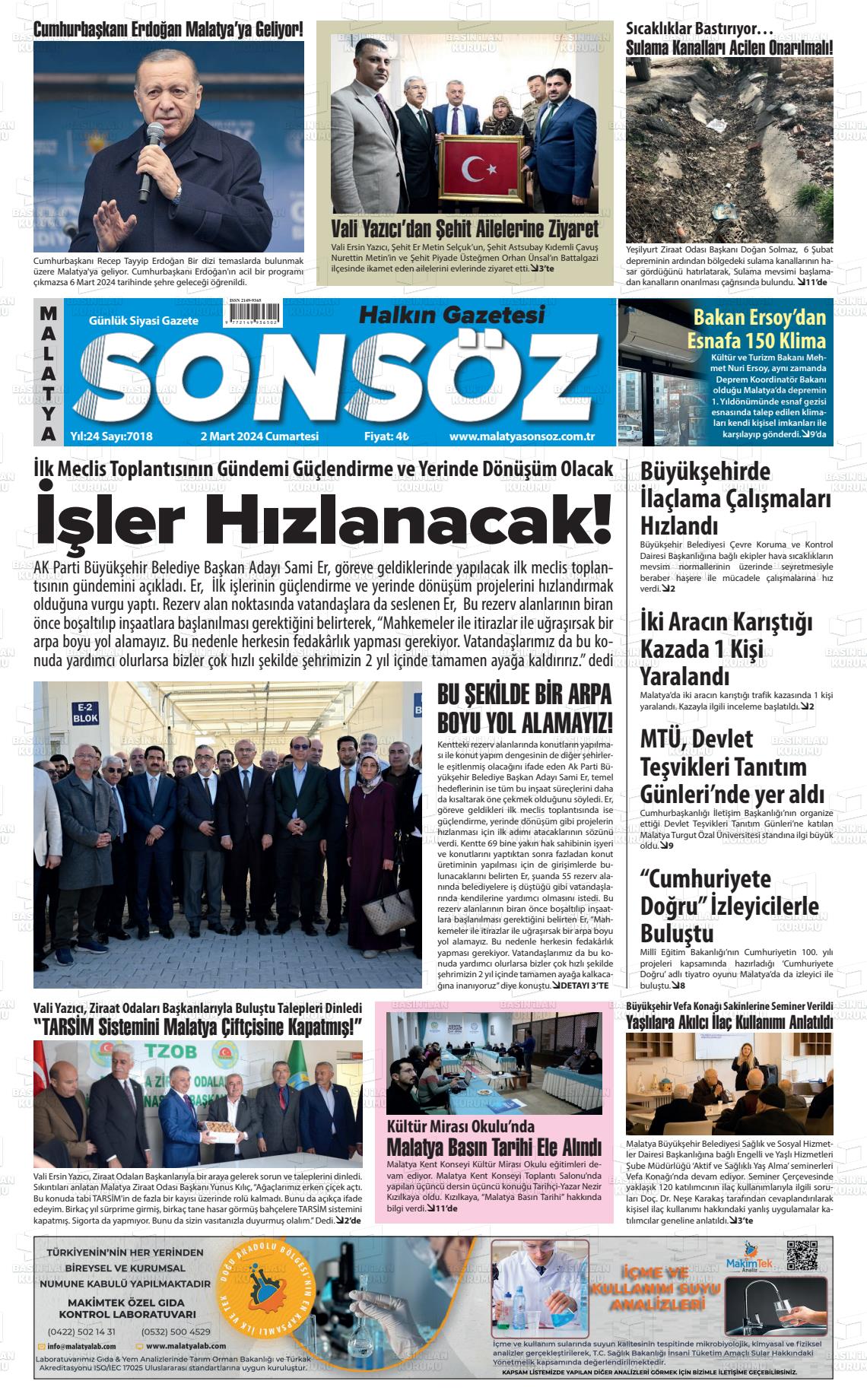 02 Mart 2024 Sonsöz Gazete Manşeti