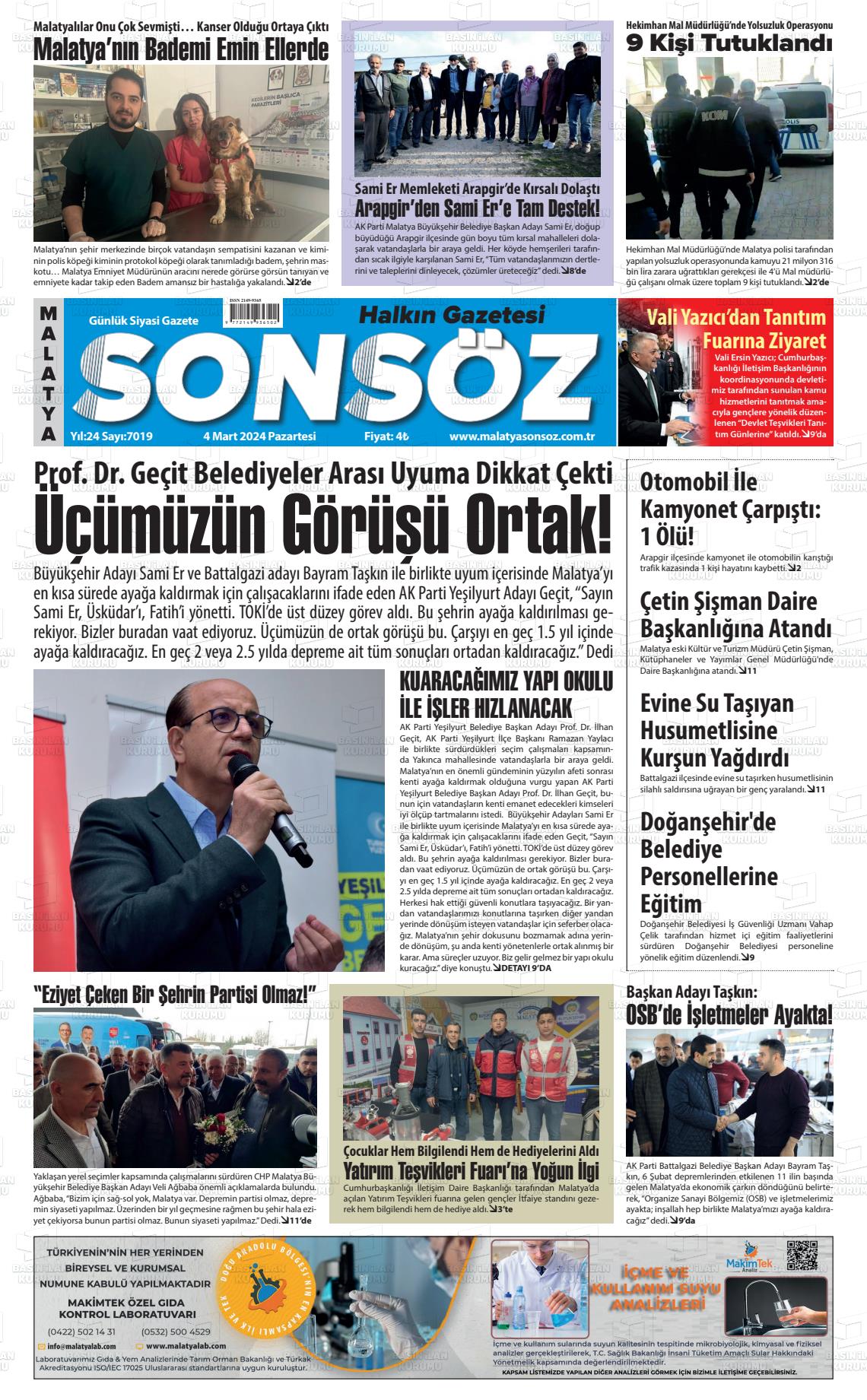 04 Mart 2024 Sonsöz Gazete Manşeti