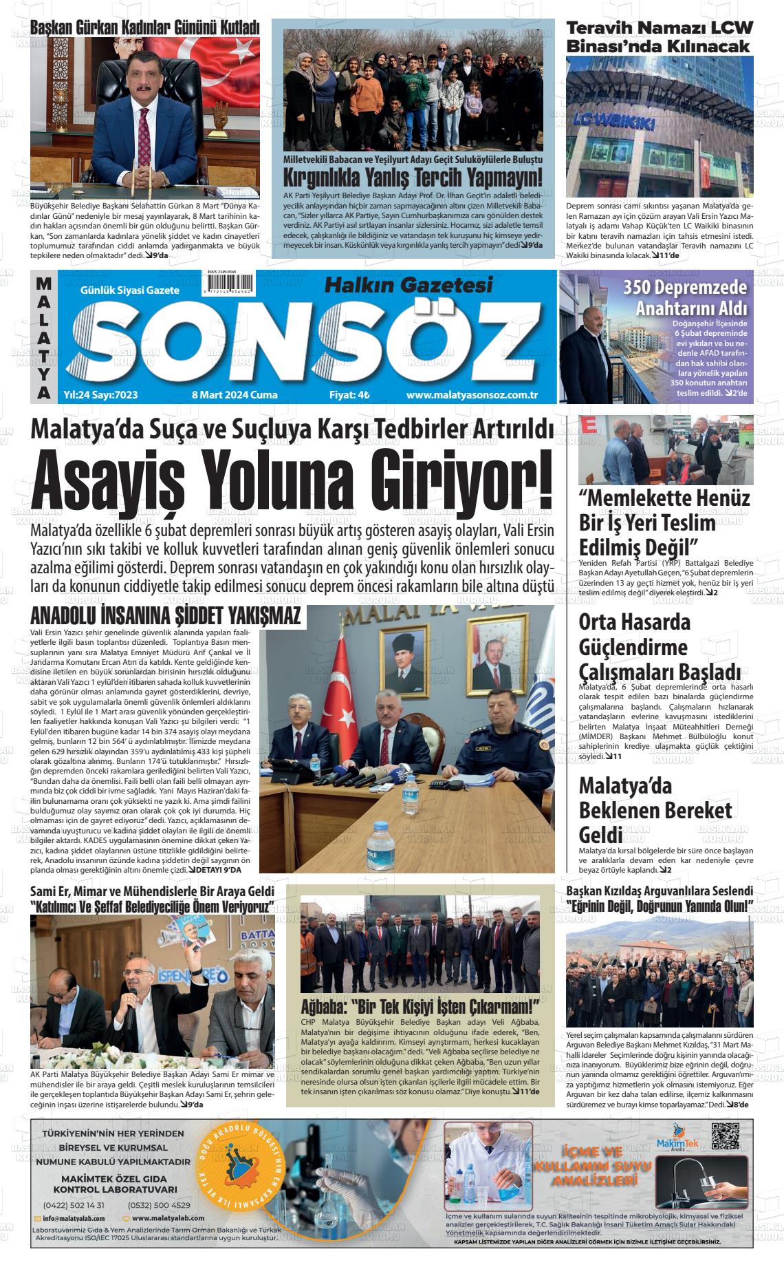 08 Mart 2024 Sonsöz Gazete Manşeti